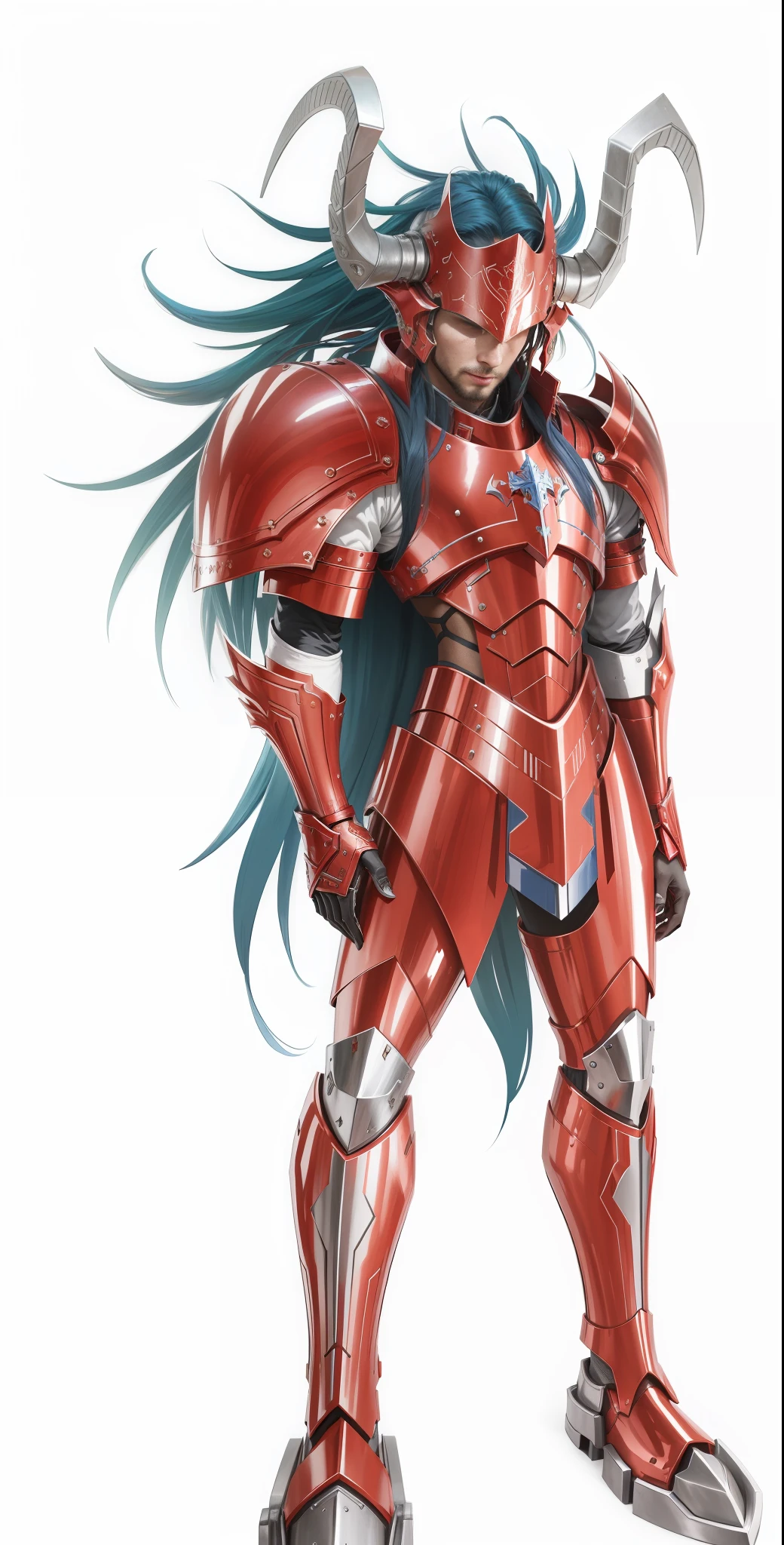 A man in red armor, gorgeous armor, strong metallic luster texture, two horns on helmet, strong, blue hair, light, black background, perfect fingers, holy robe style