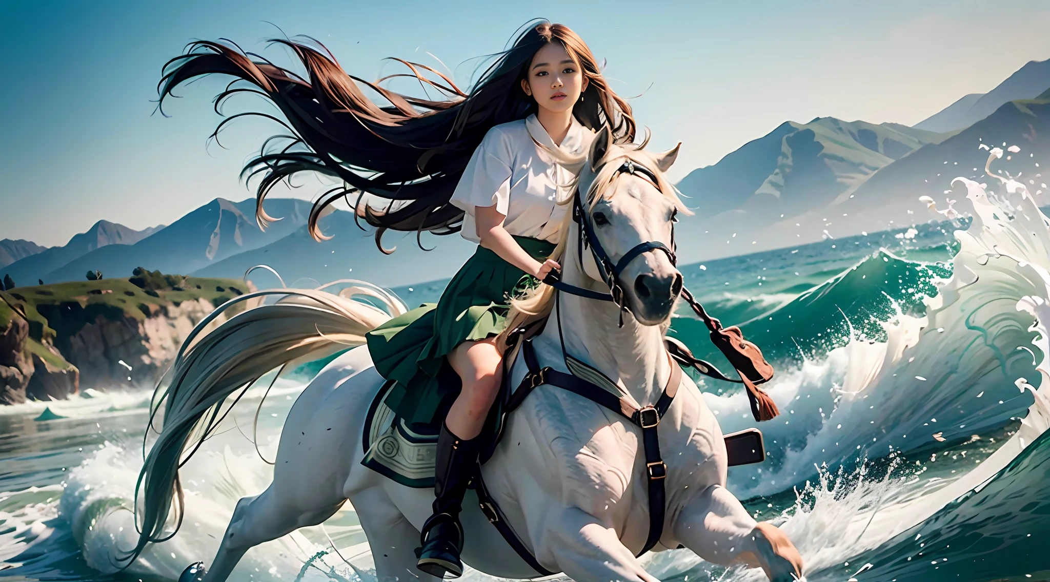 Green skirt, white lily, long hair, wavy, floating, on horse, textured skin, high quality, (best quality), (high detail), UHD, 8K