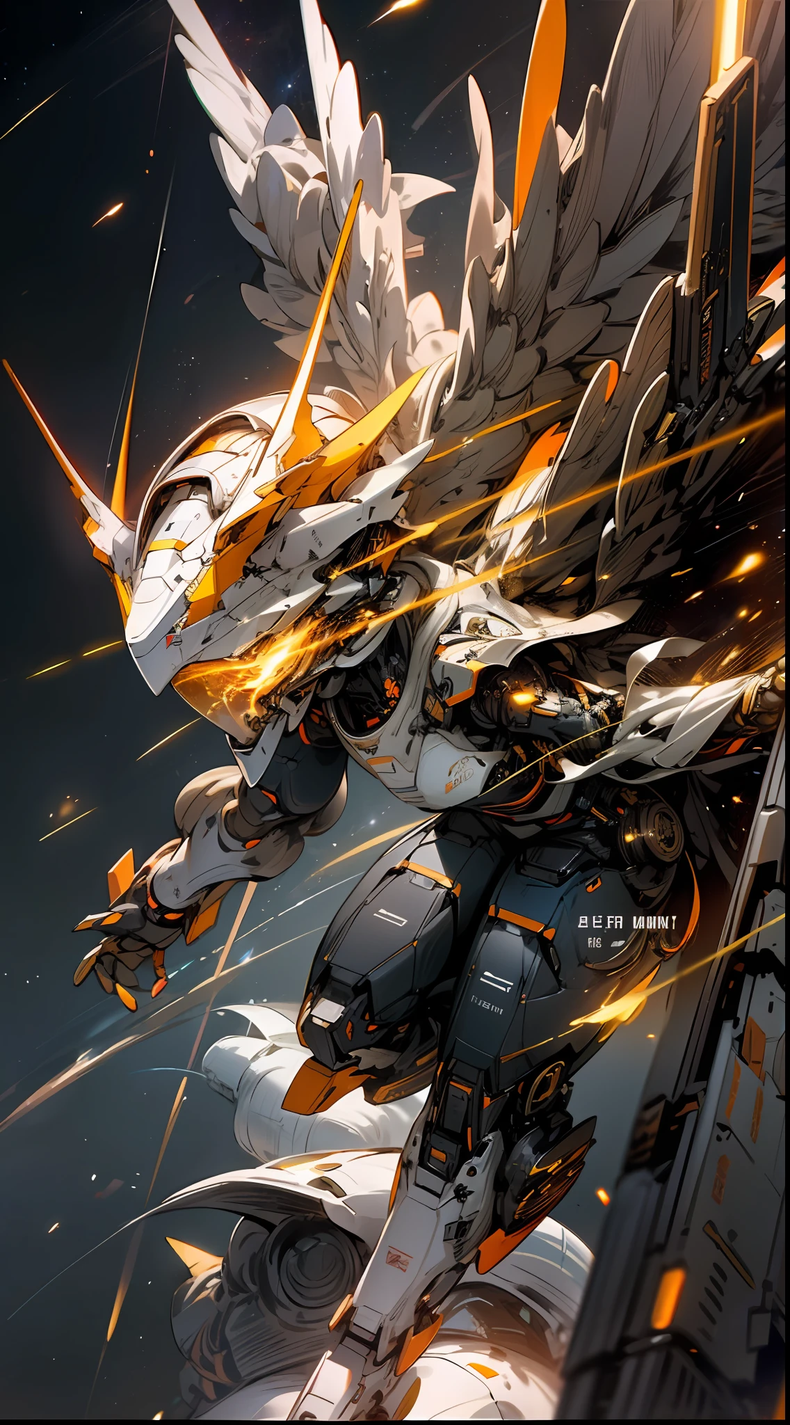 In space, huge planet, nebula, holding weapons, no humans, glowing, (female mech: 1.2), female robot, huge mechanical wings, mech wings, in flight, comet fragments, glowing eyes, Orange mech, science fiction, space, reality, mecha, galaxy background, neon, cyberpunk,