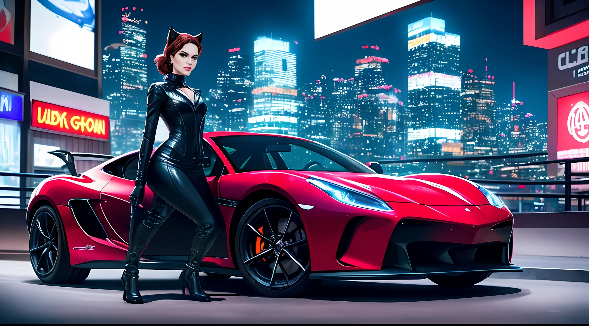 Red sports car with a minimalistic and futuristic design parked on a sleek, metallic platform. Catwoman, dressed in black, stands beside the car with her arms crossed. The environment is a high-tech cityscape with towering skyscrapers and neon lights. The camera model used is a high-end DSLR with a wide-angle lens. The composition is centered on the car and Catwoman, with the cityscape in the background. The perspective is slightly tilted to add a dynamic feel to the image. The lighting is dramatic, with the neon lights casting a colorful glow on the scene. The depth of field is shallow, with the car and Catwoman in focus and the cityscape slightly blurred. The shutter speed is fast to capture any movement in the scene. The photo quality is high resolution, with vibrant colors and sharp details. The extra photography jargon used is "bokeh" to describe the blurred background and "exposure" to ensure the image is properly lit. --style raw --no camera --v 5.1