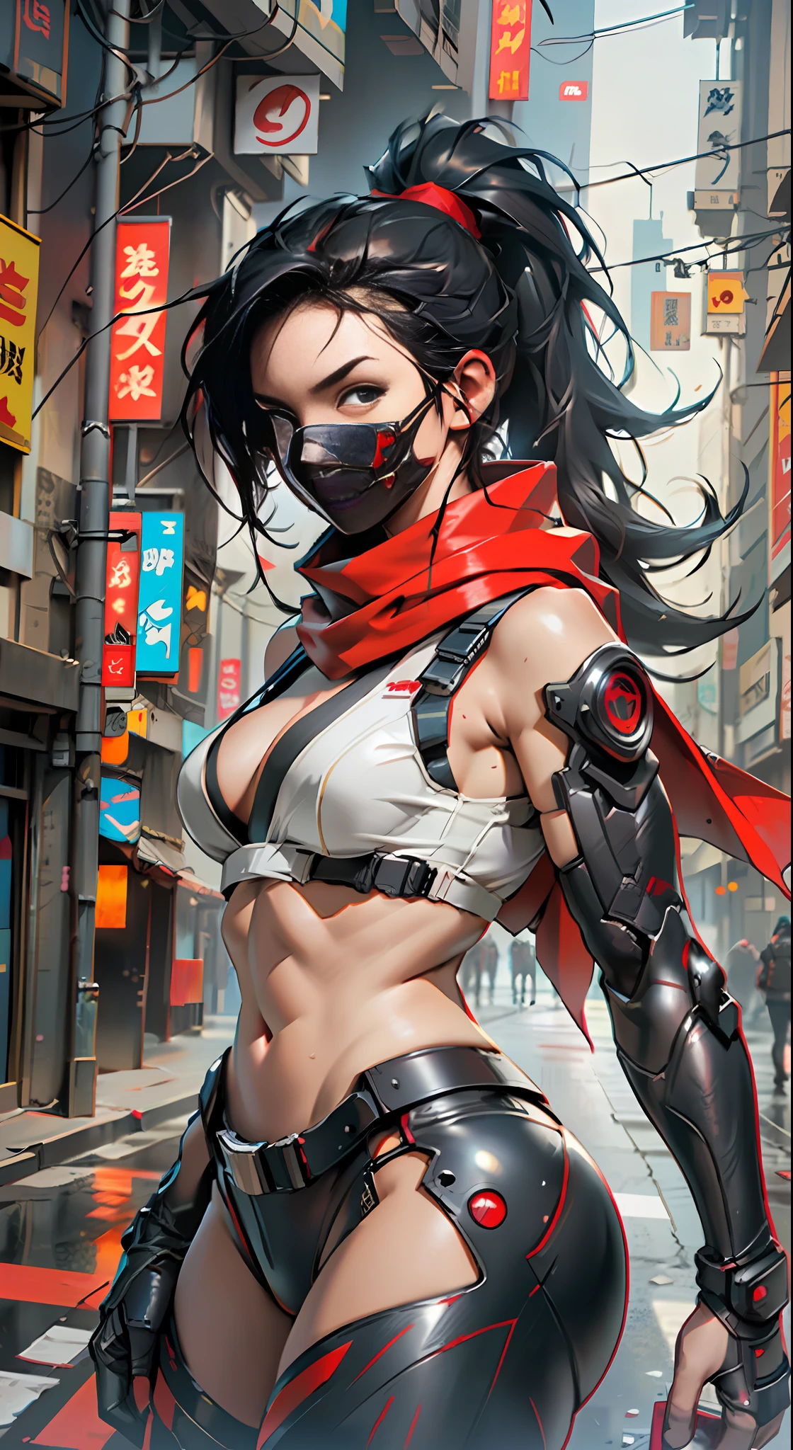 (Pretty Young Woman, Ninja: 1.3, Mecha, Cyberpunk masks covering face, red lines murderous, DSLR, ray tracing, 3D, concept art, action painting, film lighting, chiaroscuro) :(1.3). Long white ponytail hair is messy. Masterpiece-like 8K resolution, (Murderous Death and Fear Shrouded): 0.5, long red scarf fluttering in the wind, cyberpunk city as a backdrop. "