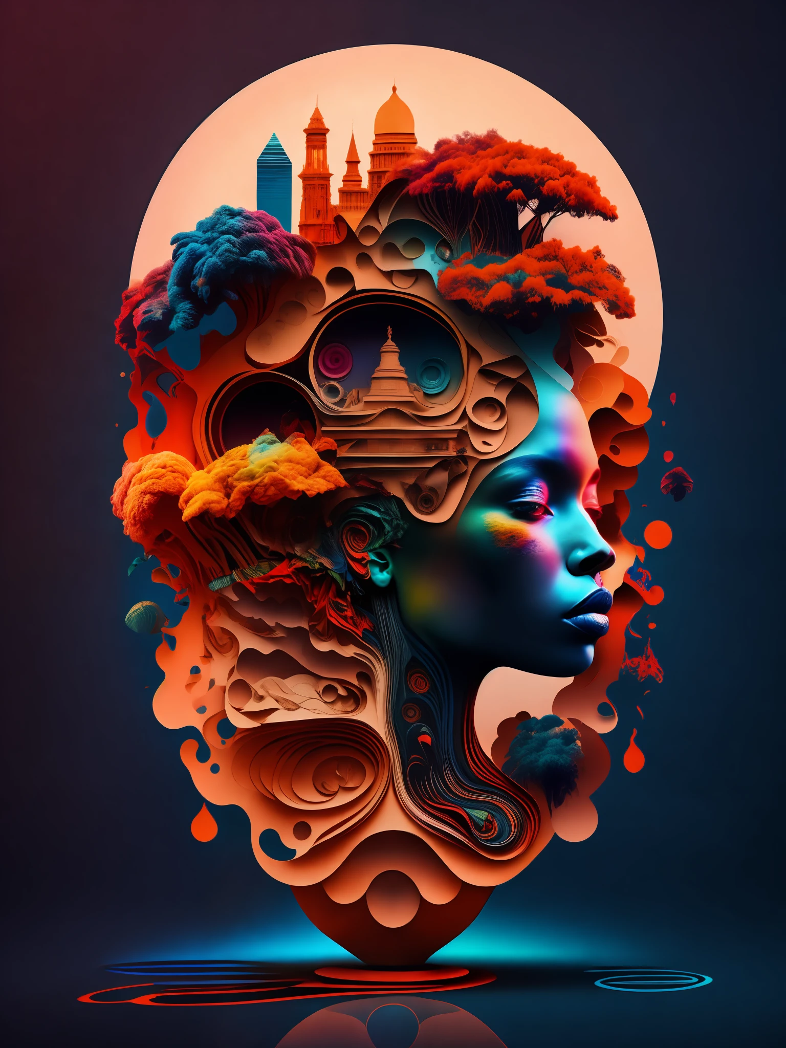 a woman's head with a lot of art work on it