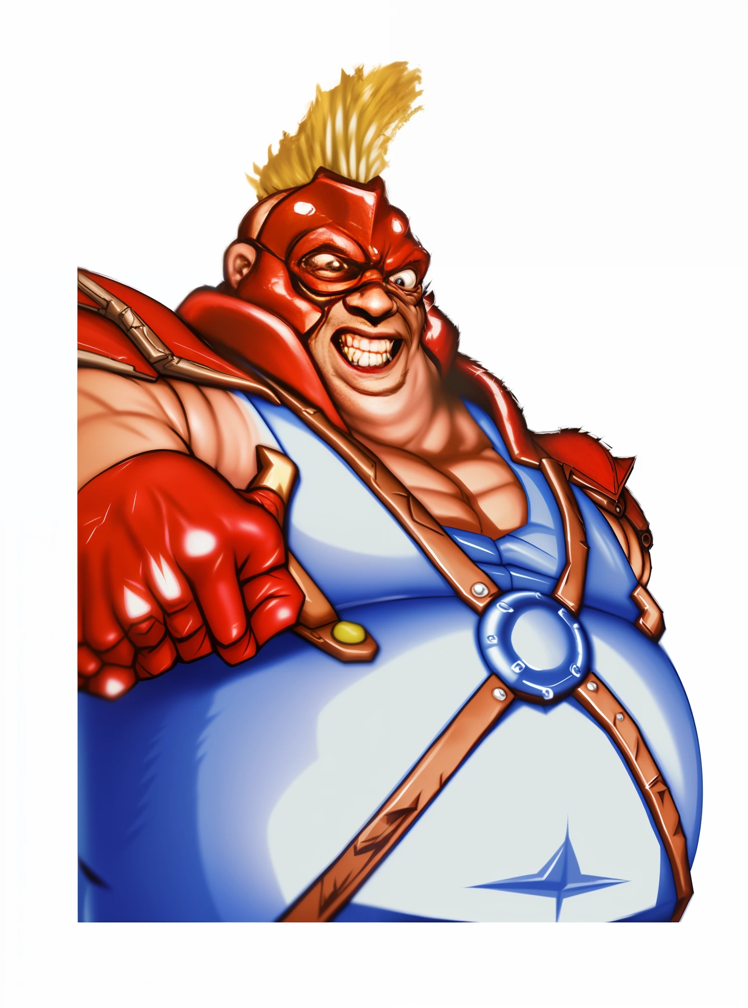 a close up of a cartoon character with a big smile, doom guy resembling samus, 1992 video game concept art, character art the contra, fujita goro!, video game character art, high detail iconic character, baron harkonnen, gérard depardieu as wario, fighting game character, fat ripped satanic creature