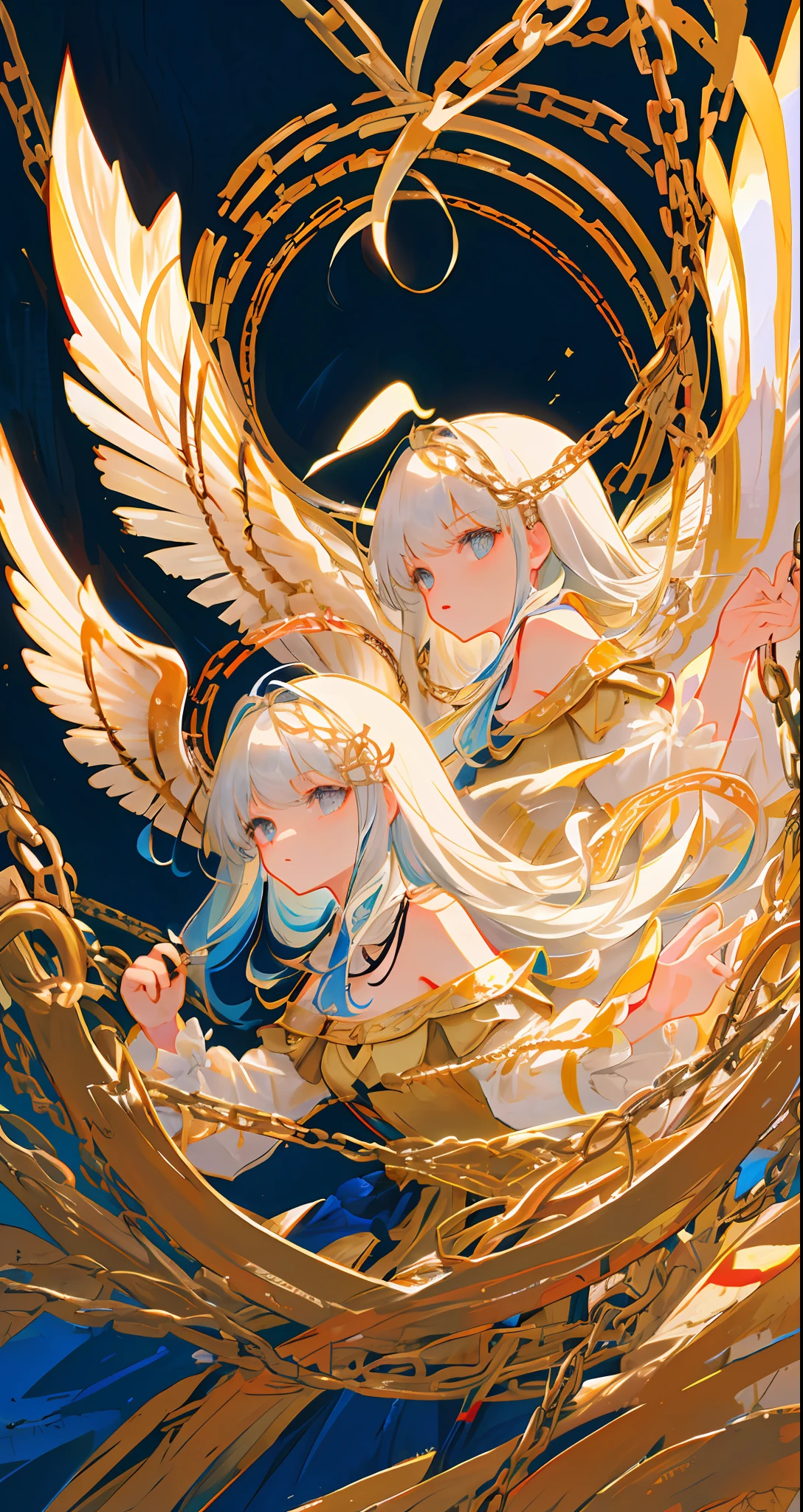 (Highest picture quality),(Master's work),(ultra-detailed),the portrait is centered,(2girls),(from side:1.1),(facing viewer:1.3), outdoors, bare back, close-up, bare shoulders, (baroque architecture background), chain, cloud, (angel wings), (torn clothes), (lace), mad, crazy, magic circle, hands,white dress, nimbus, (angel and devil), blood, fire