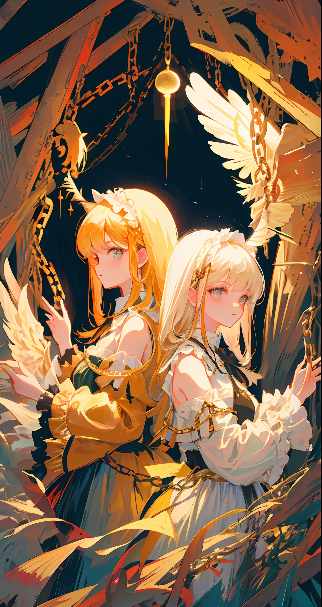 (Highest picture quality),(Master's work),(ultra-detailed),the portrait is centered,(2girls),(from side:1.1),(facing viewer:1.3), outdoors, bare back, close-up, bare shoulders, (baroque architecture background), chain, cloud, (angel wings), (torn clothes), (lace), mad, crazy, magic circle, hands,white dress, nimbus, (angel and devil), blood, fire