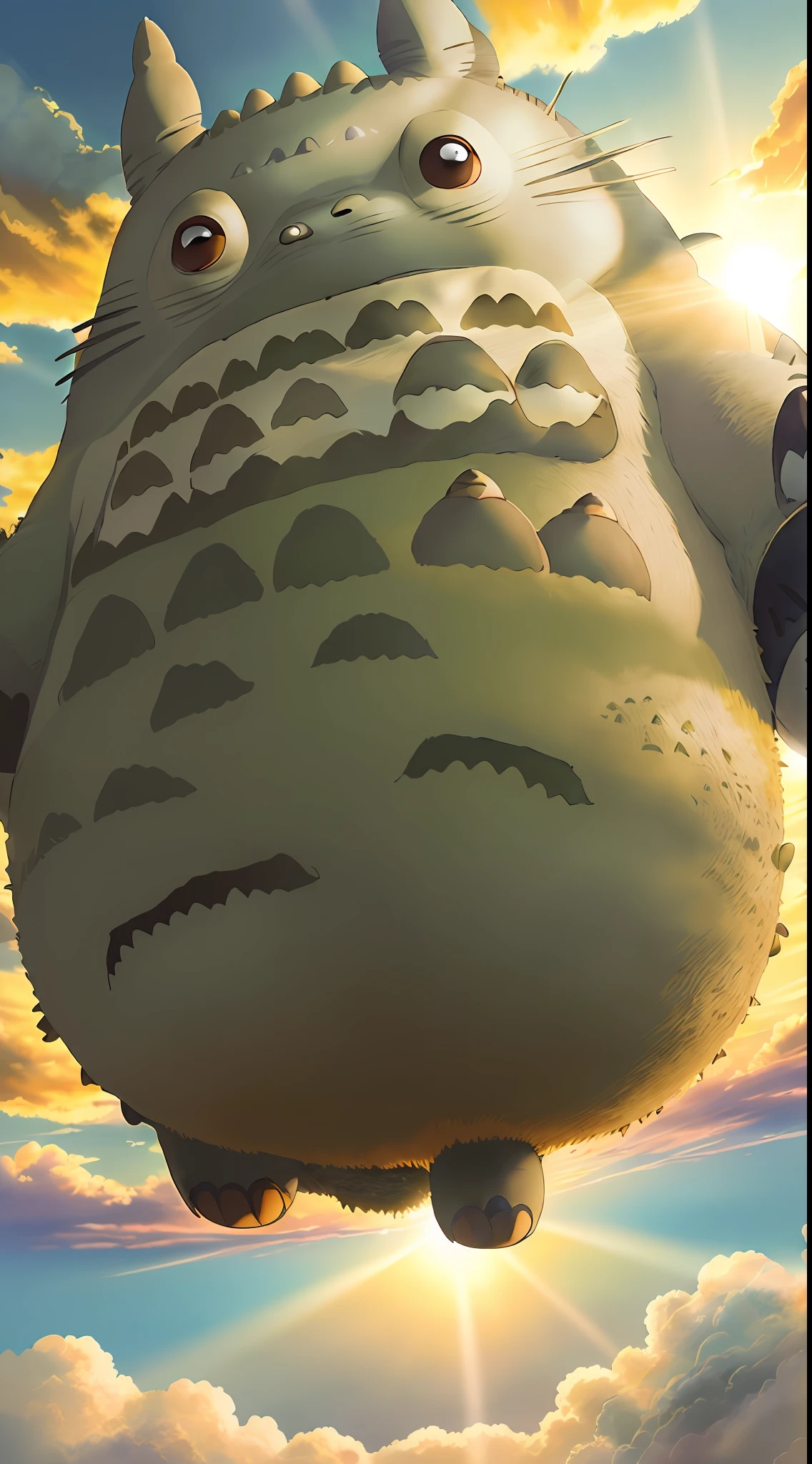 (((Totoro)), Jump on ((Golden Plain)), Miyazaki Hayao Style, Studio Ghibli, Unreal Engine 5, ((Clouds), ((Sunlight)), Ultra-detailed, Best Quality.