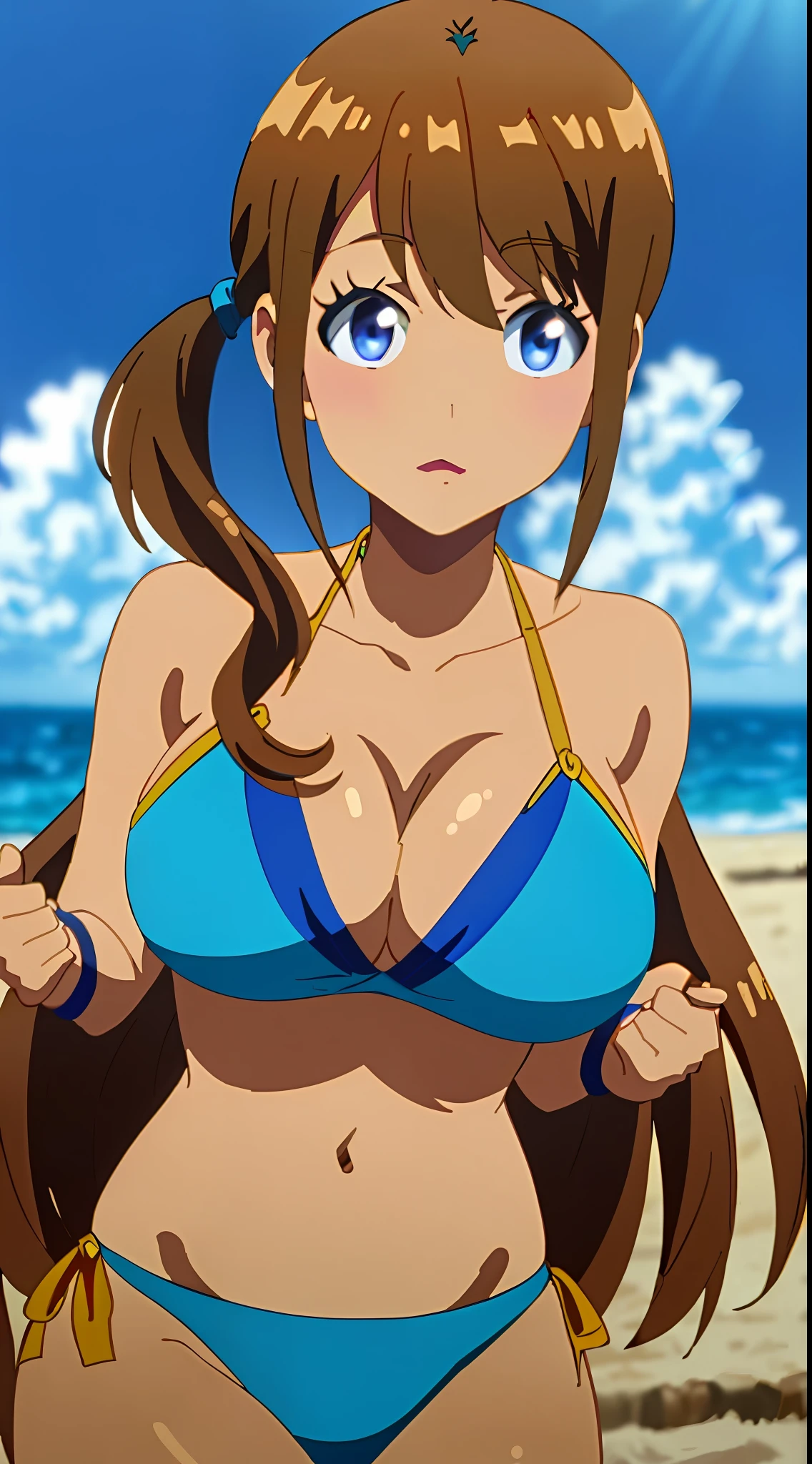 masterpiece, (((best quality))), anime art style, ((NANA)), ((short light brown hair)), ((a short side ponytail right)), (blue eyes), (((large breasts))), (((blue bikini))), playing on the beach, navel uncovered, chest in sight, legs in the sand, (((full body sensual))), sensual body curves