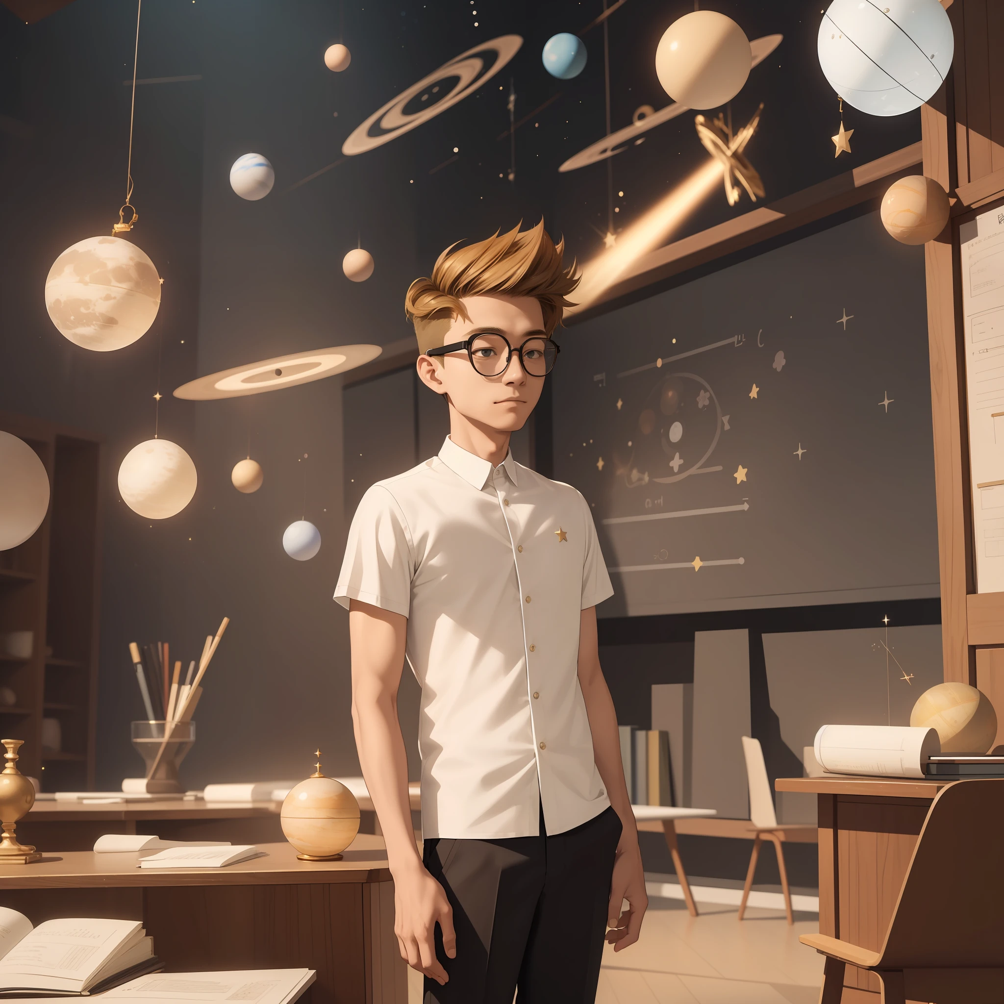 ((Masterpiece, Best Quality)),(Complex Light), ung, Full Body, Solo, Man, Sherman, Brown Blonde Hair, Glasses, White Shirt, Black Long Pants, Teacher, Physics, Hold Planets, Stars