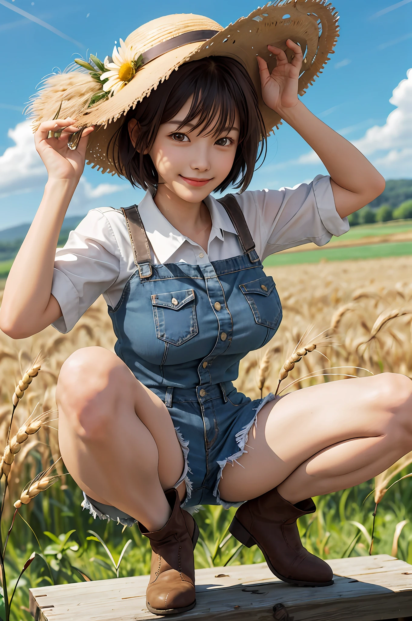 masterpiece, best quality,1girl,young girl,brown eyes,short hair,evil smile,shiny skin,(nice leg line:1.3),thick thighs,thin waist,huge breasts
BREAK
Farmer, A simple cotton shirt and pants, worn leather boots, and a wide-brimmed straw hat. Dirt stains cover the clothes and hands, A vast golden wheat field under a clear blue sky, The farmer is harvesting the ripe wheat with a scythe, Swinging the scythe in a rhythmic motion, expertly cutting down the wheat stalks, A content and satisfied smile, expressing pride in their hard work and the abundance of the harvest.
BREAK
, Jazz_club,,crowd,depth of field,looking at viewer,squatting,from above,full body,legsupsexms