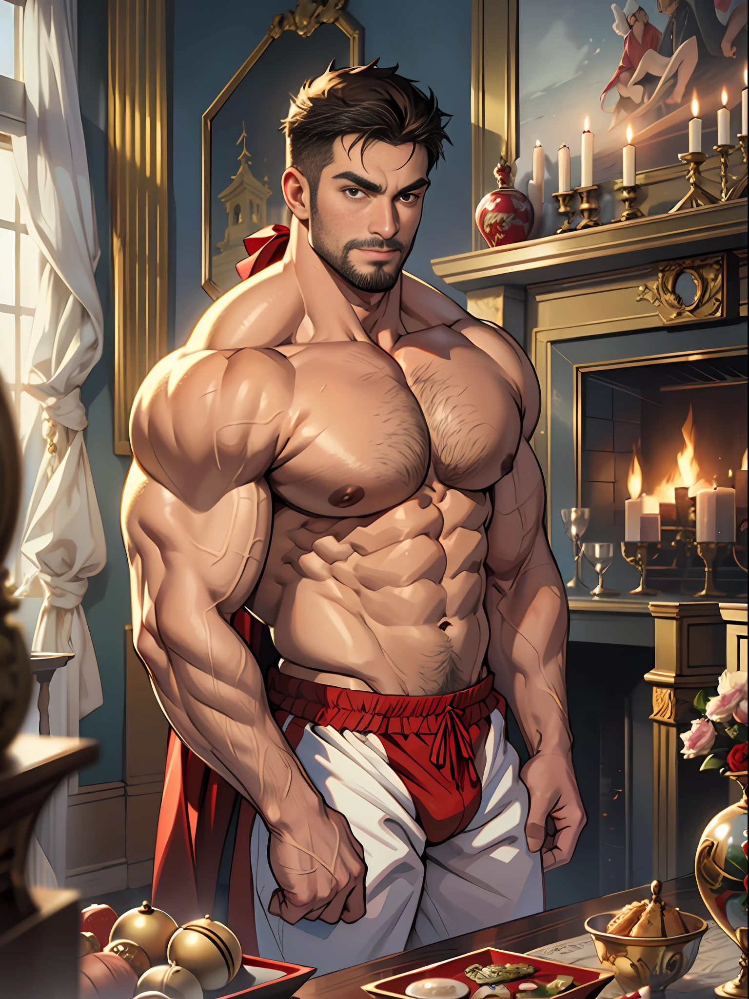 30 years old, big eyes, Chinese male, stubble, white inches, huge muscles, exaggerated muscles, mature man, muscle swelling, bodybuilding, pectoral muscles, abs, in a dollhouse, nutcracker, baroque pattern pajamas in red velvet, super large gift box, golden round bells around the neck, wheat-colored skin, 1man, standing, night, fireplace,