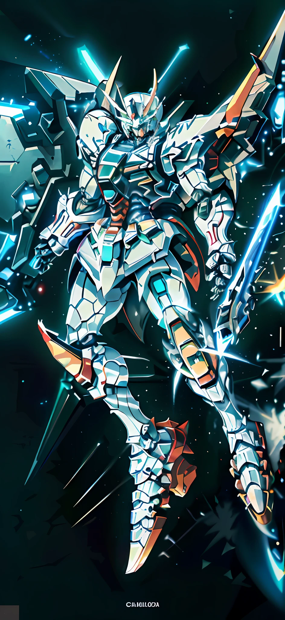 a close up of a robot with a sword on a black background, alexandre ferra white mecha, white mecha, extreme gundam, barbatos gundam, cool mecha style, gundam style, gundam armor, gundam wing style armor, ferra white mecha, gundam, mecha inspired, barbatos mobile suit, alexandre ferra mecha
