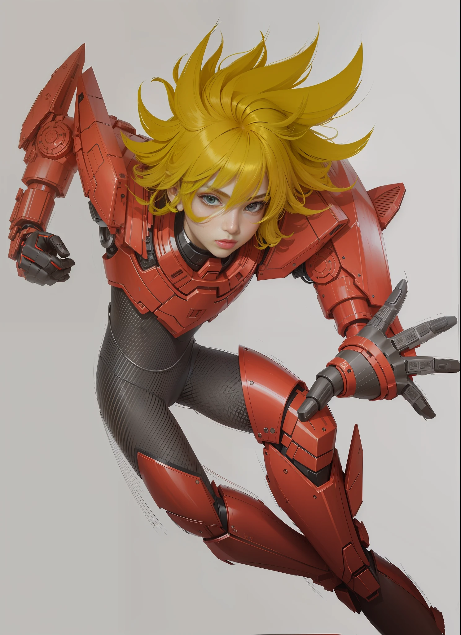 A teenager in a red mech, technologically sensible armor, strong metallic texture, blond hair, black tights, lighting, white background, perfect fingers, sci-fi style