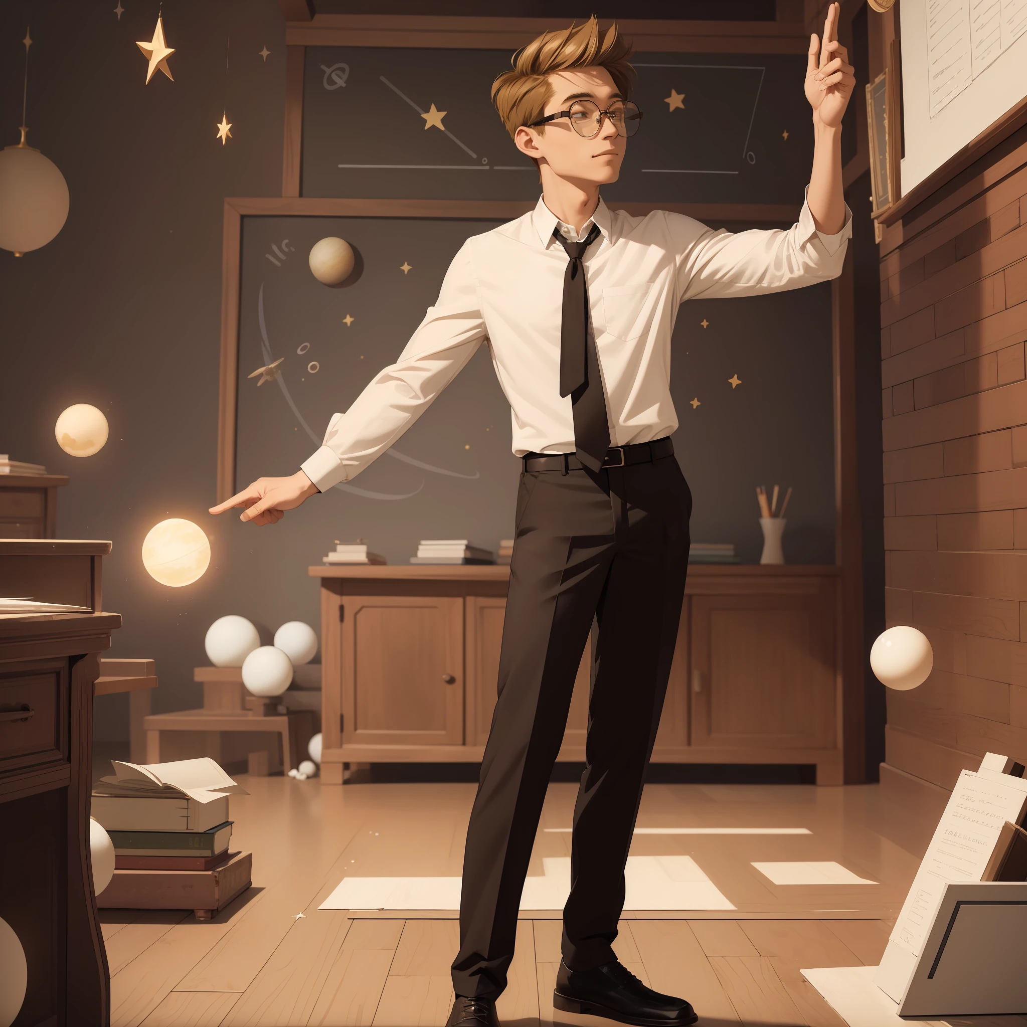 ((Masterpiece, Best Quality)),(Complex Light), 1Young, Full Body, Solo, Man, Sherman, Brown Blonde Hair, Glasses, White Shirt, Black Long Pants, Teacher, Physics, Hold Planets, Stars