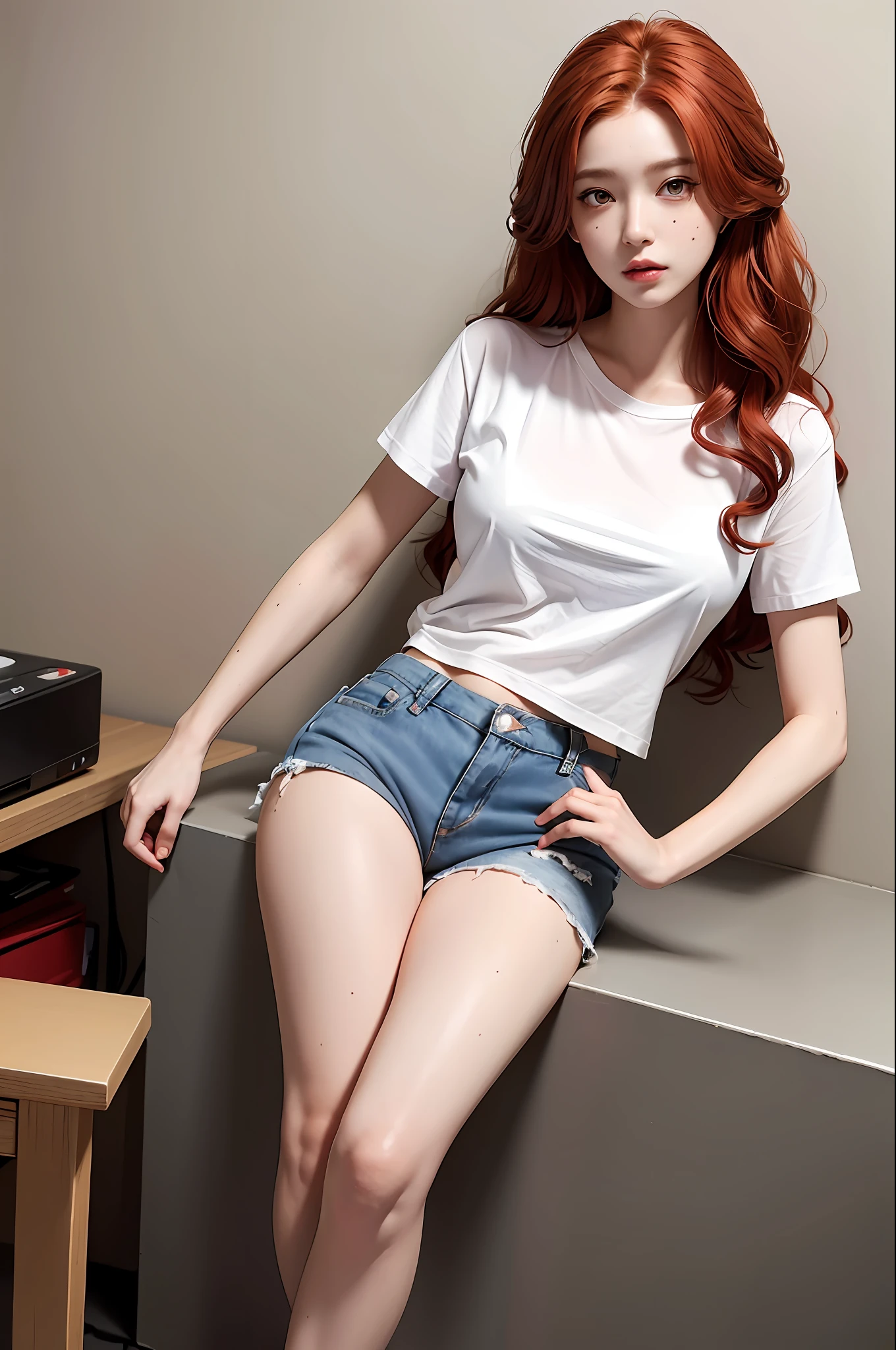 Realistic, high resolution, 1 girl, red wavy hair, Korean, heterochromic eyes, small moles under the eyes, loose white shirt, skinny denim shorts, big breasts, thighs, panties visible, 8k