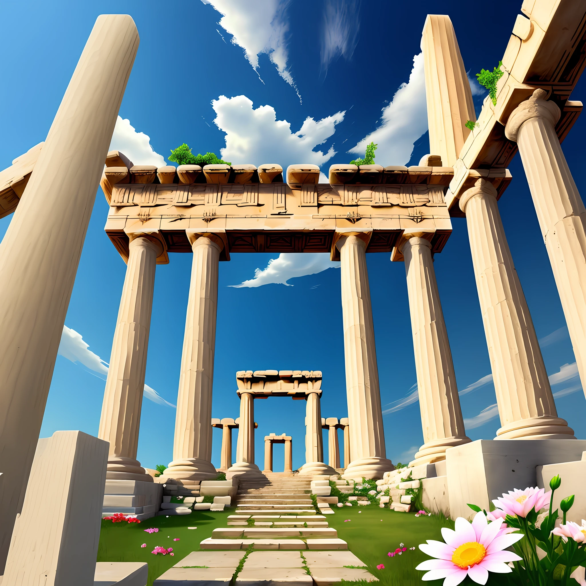 flowers, Greek temple, clear sky, heaven, flying angels