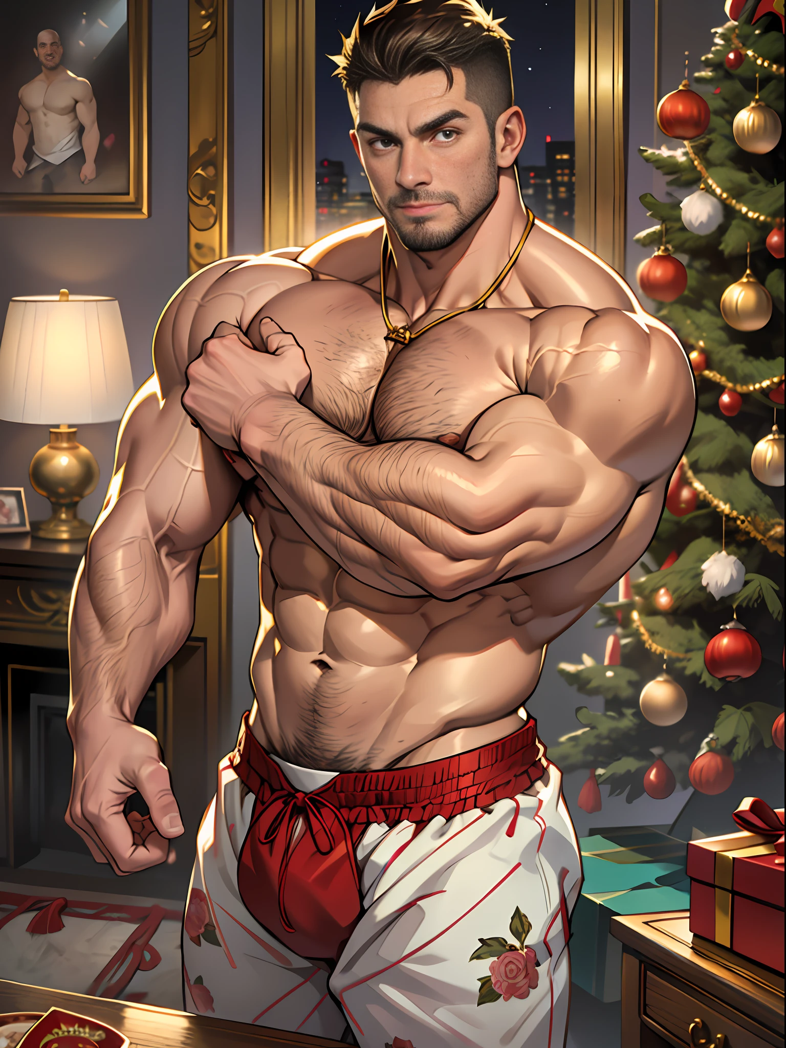 30 years old, big eyes, Chinese male, stubble, white inches, huge muscles, exaggerated muscles, man, muscle swelling, bodybuilding, pectoral muscles, abs, in a dollhouse, nutcracker, baroque pattern pajamas in red velvet, super large gift box, golden round bells around the neck, wheat-colored skin, 1man, standing, night, fireplace,