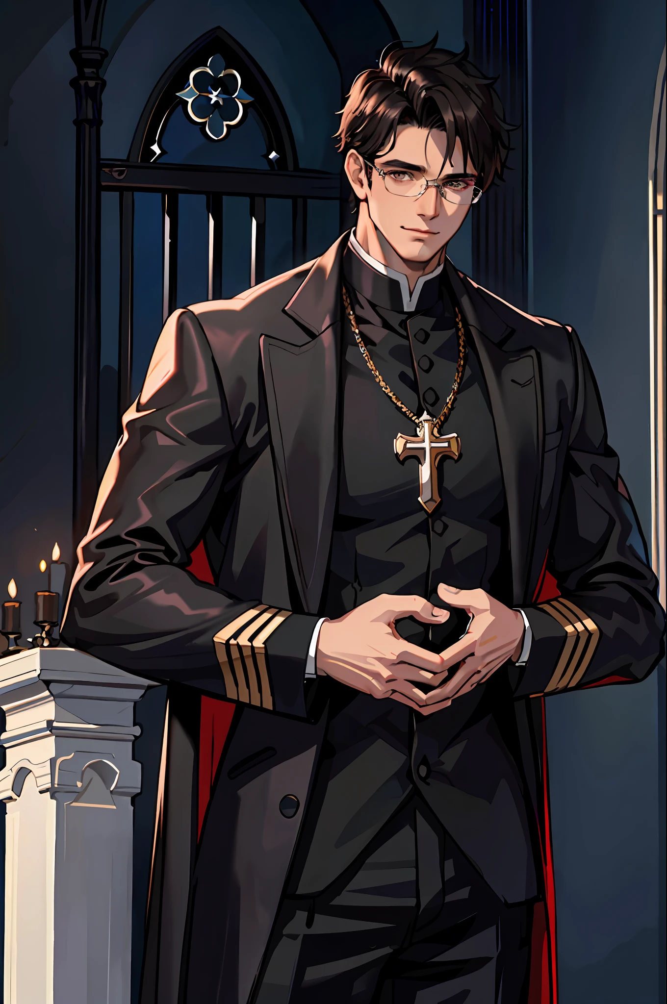 (masterpiece:1.2, best_quality, intricate_details, high_resolution, hyper detailed, highly_detailed), 1 male, mature, aged up:1.4, tall muscular guy, broad shoulders, finely detailed eyes and detailed face, extremely detailed, handsome, male, big pectorals, eerie atmosphere, dark lighting, professor, religion professor, cathedral, priest, cross necklace, priest_uniform, tight_shirt around pectorals, church, glasses, black pants, half shot, detailed background, extremely detailed CG unity 8k wallpaper, black hair, brown eyes, religious, sublime, holy, priest_cassock, gentle smile, caring expression, clean shaven