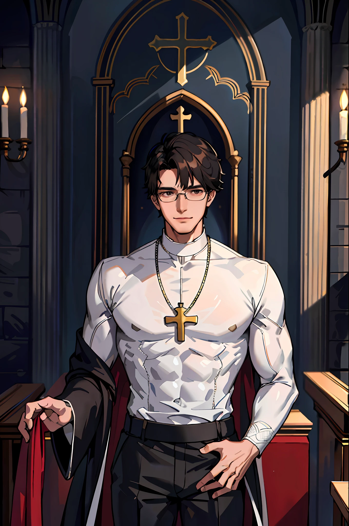 (masterpiece:1.2, best_quality, intricate_details, high_resolution, hyper detailed, highly_detailed), 1 male, mature, aged up:1.4, tall muscular guy, broad shoulders, finely detailed eyes and detailed face, extremely detailed, handsome, male, big pectorals, eerie atmosphere, dark lighting, professor, religion professor, cathedral, priest, cross necklace, priest_uniform, tight_shirt around pectorals, church, glasses, black pants, half shot, detailed background, extremely detailed CG unity 8k wallpaper, black hair, brown eyes, religious, sublime, holy, priest_cassock, gentle smile, caring expression, clean shaven