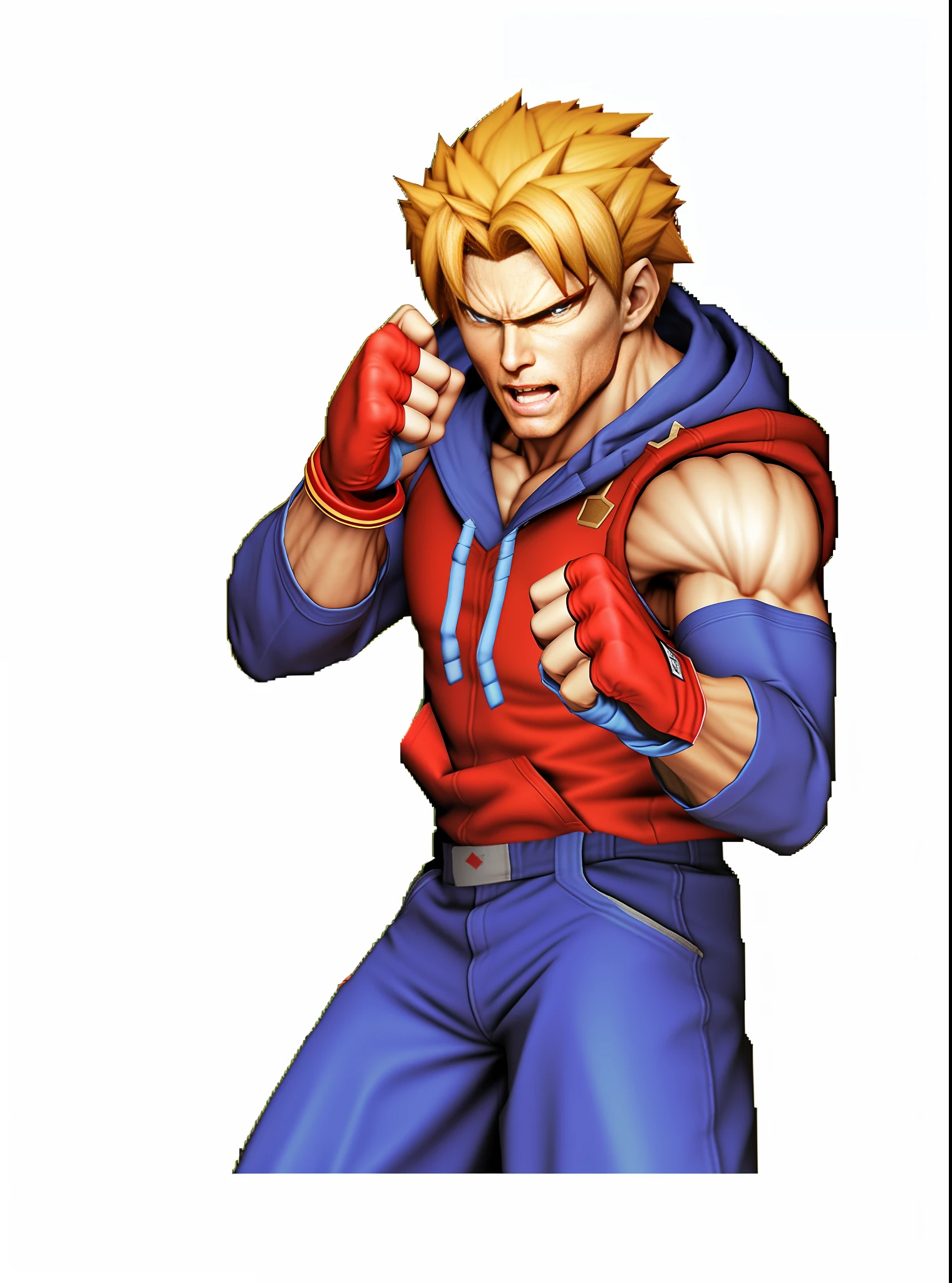 Pixel image of a man in a red hoodie and blue pants, fighting game character, King of Fighters character, fighting pose, fighter pose, battle pose, in battle pose, in battle pose, battle pose, JRPG character, king of fighters style