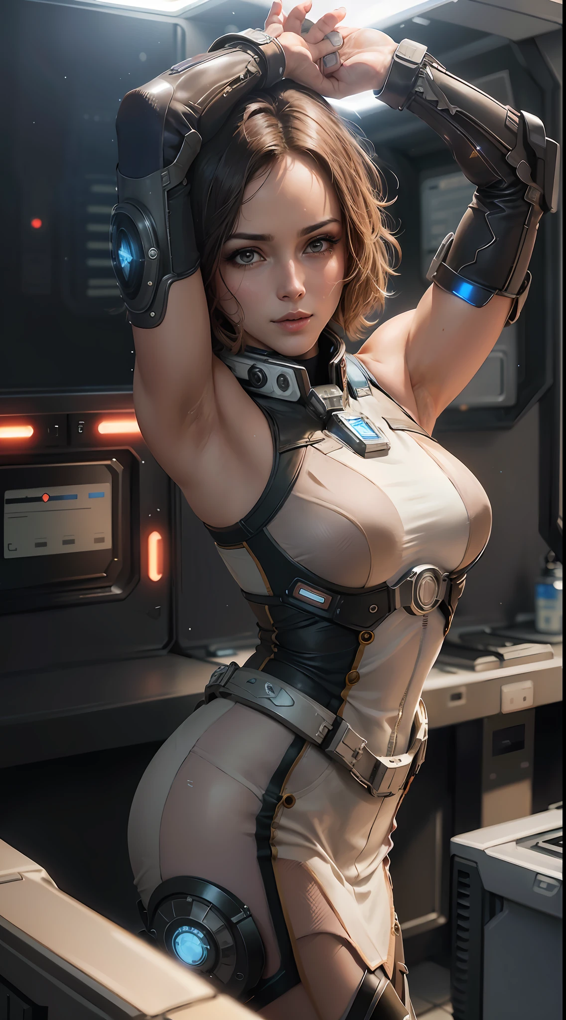 Daisy Jhonson as the captain of a spaceship, looking through a glass window to space, (inspired by mass effect), one piece armor, arms up, armpit, (8k, foto RAW, fotorrealista: 1,25), (muito brilho labial, muitos cílios, melhor qualidade, ultra alta resolução, profundidade de campo, aberração cromática, luz ampla, cor natural, picture from distance (1:2)