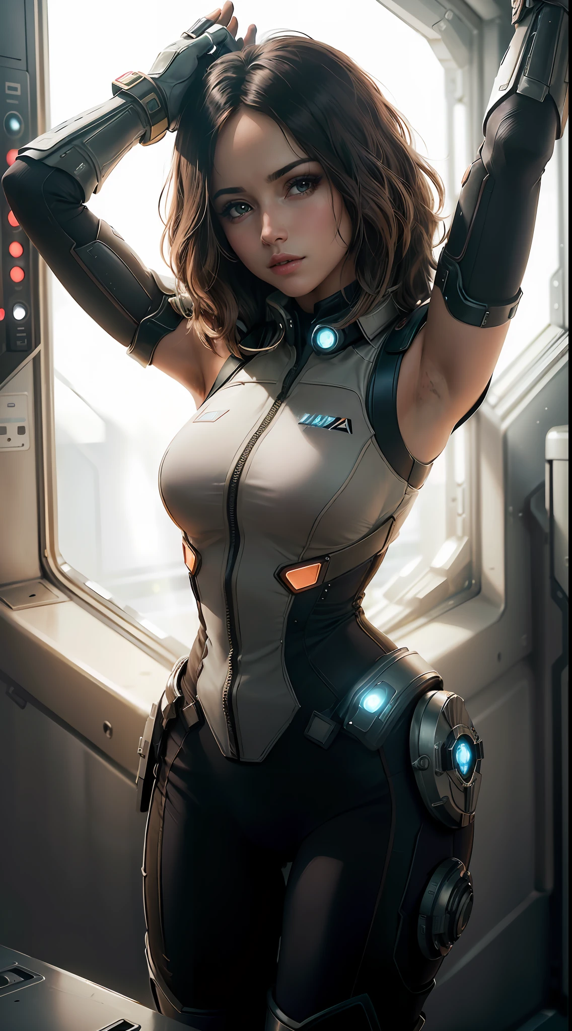 Daisy Jhonson as the captain of a spaceship, looking through a glass window to space, (inspired by mass effect), one piece armor, arms up, armpit, (8k, foto RAW, fotorrealista: 1,25), (muito brilho labial, muitos cílios, melhor qualidade, ultra alta resolução, profundidade de campo, aberração cromática, luz ampla, cor natural, picture from distance (1:2)