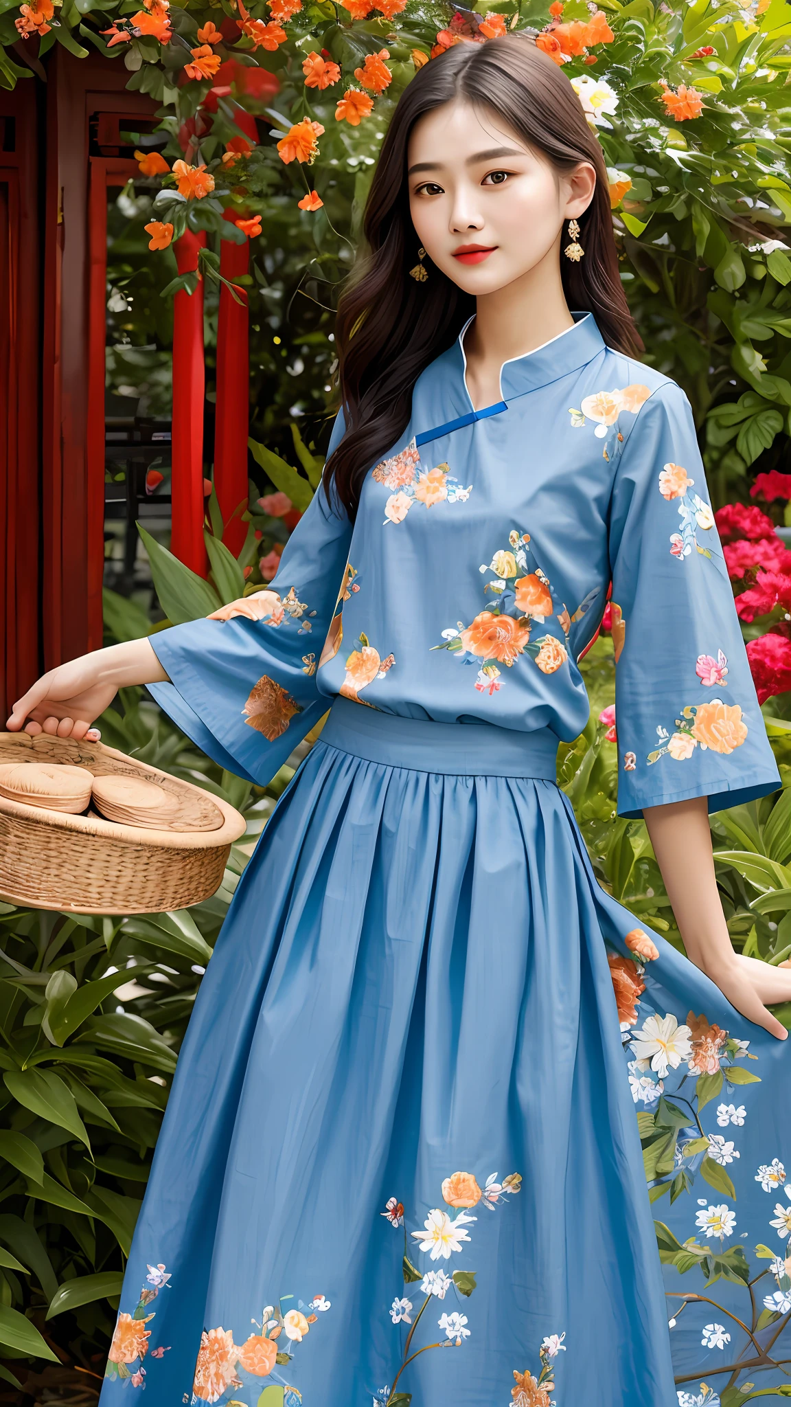 (masterpiece, ultra quality, extremely detailed, 8k, high saturated:1.33),
an award winning photograph of a 22 years old girl, (skin texture:1.2), pretty face,
medium_blue and floral printed chinese upshirt:1.2, orange and floral printed long skirt,