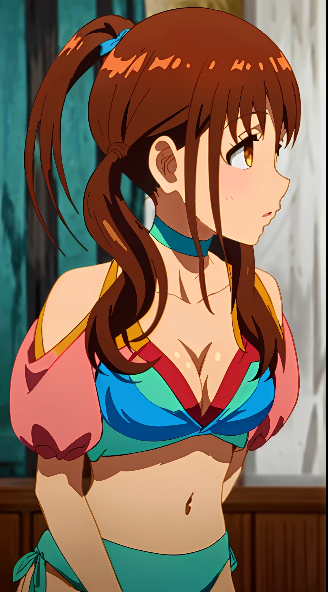 masterpiece, (((best quality))), anime art style, 2 girls, ((NANA)), ((taeko)), ((light brown hair)), ((a short side ponytail)), (blue eyes), (((large breasts))), (((blue bikini))), playing on the beach, navel uncovered, chest in sight, legs in the sand, (((full body sensual))), sensual body curves