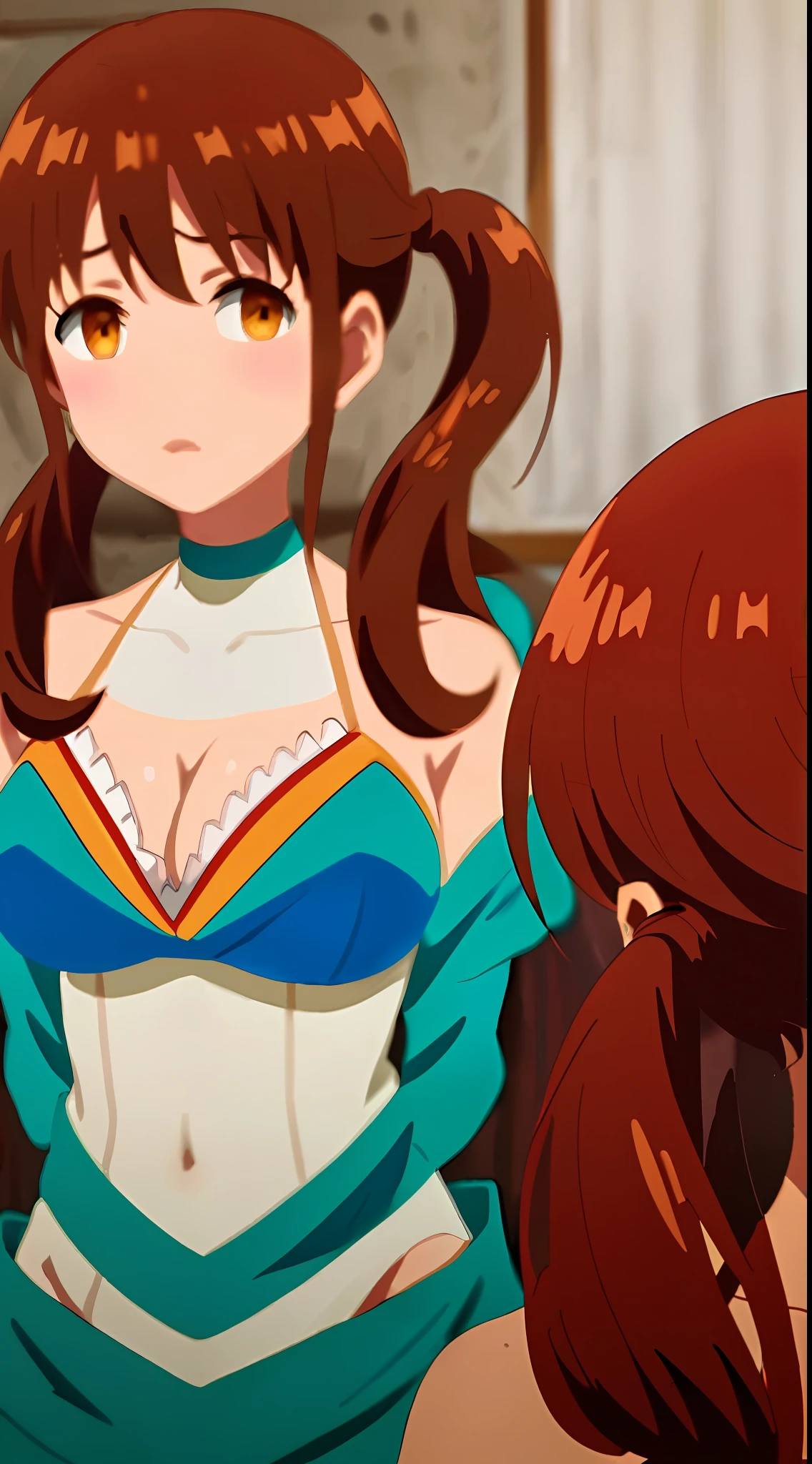 masterpiece, (((best quality))), anime art style, 2 girls, ((NANA)), ((taeko)), ((light brown hair)), ((a short side ponytail)), (blue eyes), (((large breasts))), (((blue bikini))), playing on the beach, navel uncovered, chest in sight, legs in the sand, (((full body sensual))), sensual body curves