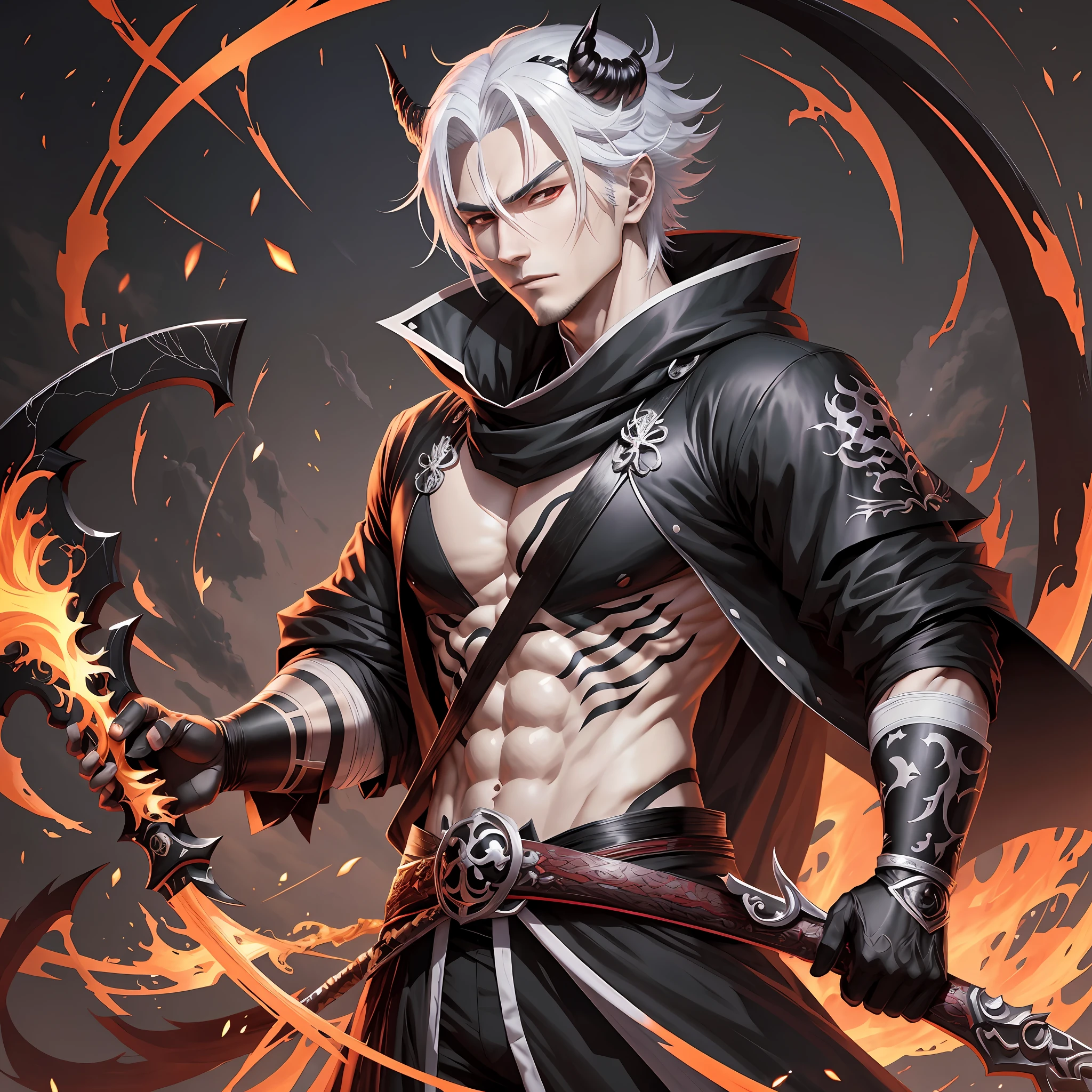 Anime character with white hair and black costume carrying scythe, handsome man in the art of demon slayer, badass anime 8K, beautiful male god of death, handsome japanese demon boy, by Yang Ji, suit male demon with white horns, keqing from Genshin effect, detailed anime character art, best 4K Konachan anime background, male demon, anime character art