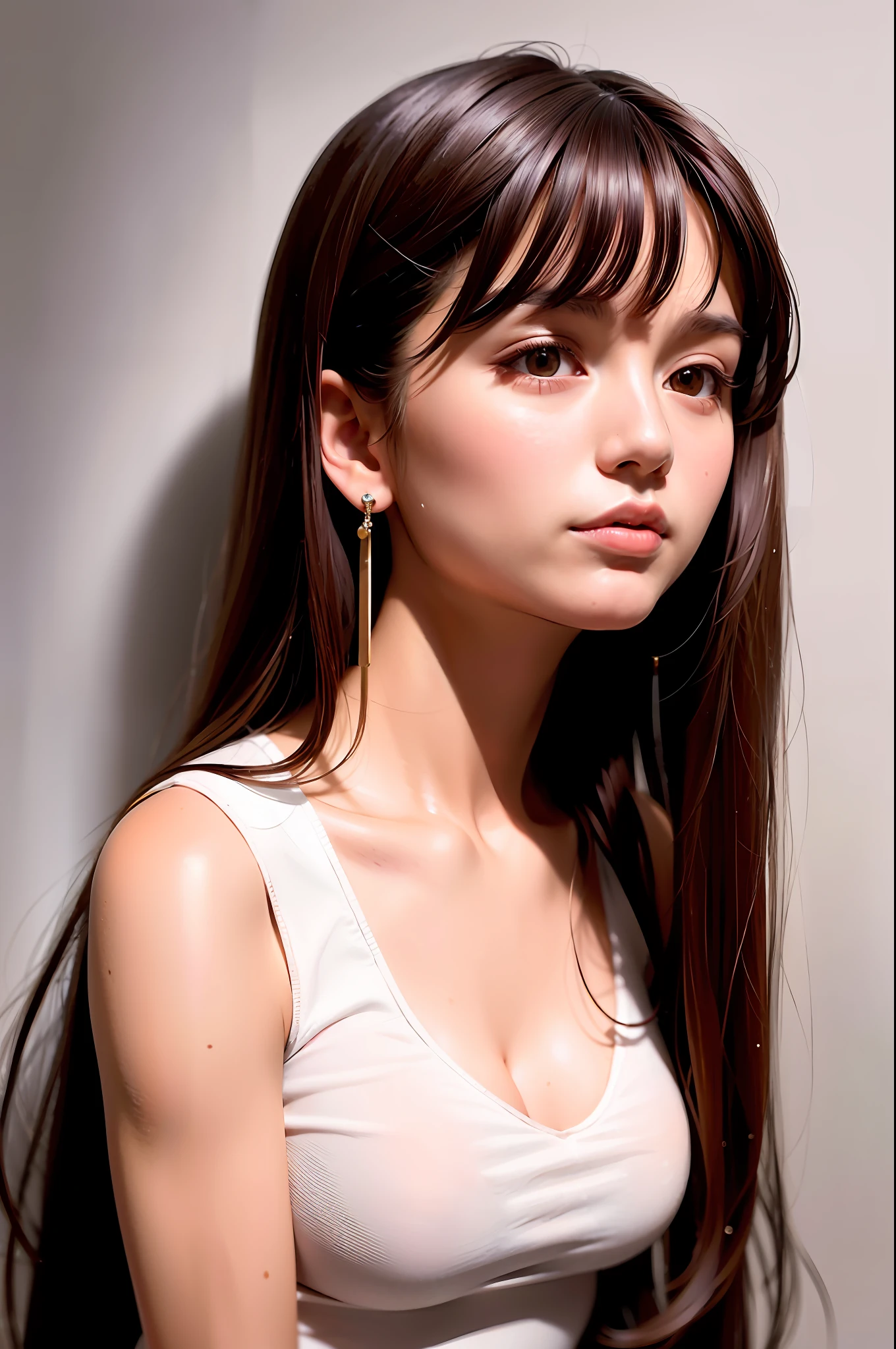 1girl, earrings, solo, jewelry, long_hair, lips, realistic, brown_eyes