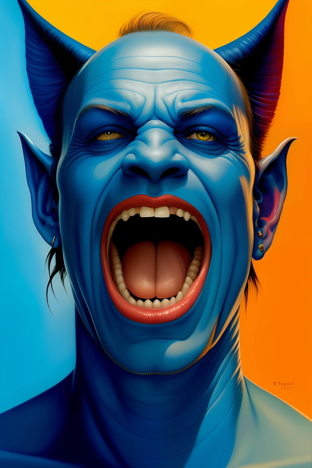 a painting of a blue man with his mouth open, by tom bagshaw and boris vallejo, still from animated horror movie, ffffound, chuck close and richard corben, an orc smiling into the camera, dayglo blue, brushed red and blue paint, large painting, necro, blue sunny sky, dan witz