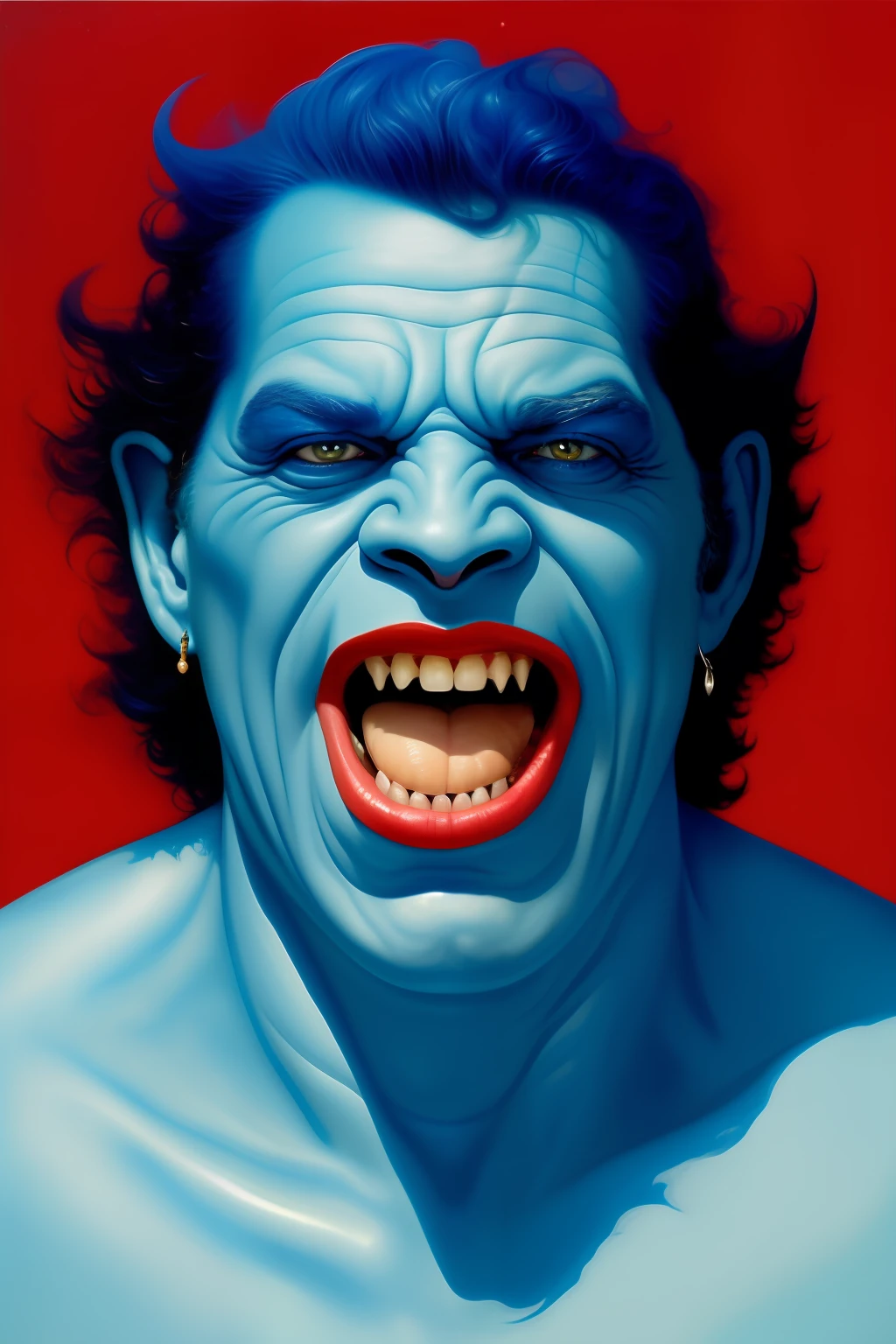 a painting of a blue man with his mouth open, by tom bagshaw and boris vallejo, still from animated horror movie, ffffound, chuck close and richard corben, an orc smiling into the camera, dayglo blue, brushed red and blue paint, large painting, necro, blue sunny sky, dan witz