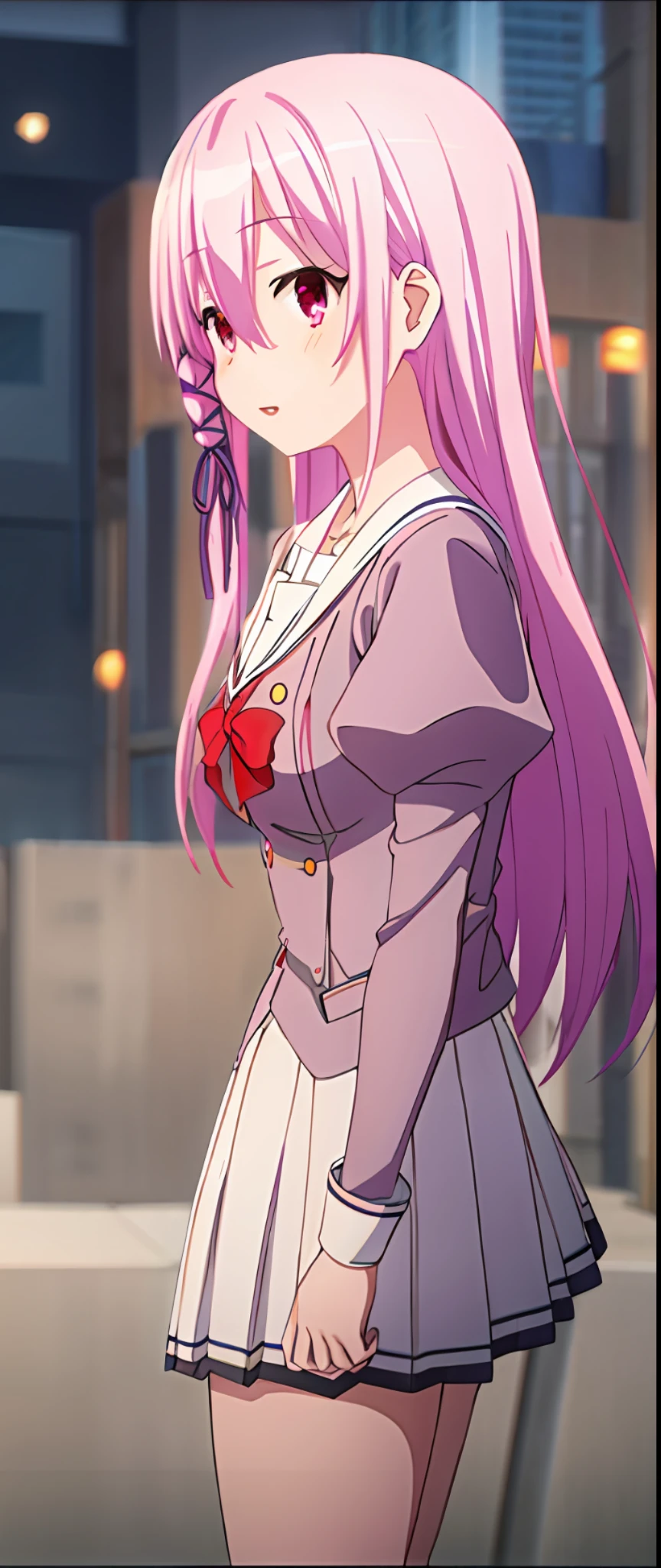 High school cute anime girl, city street, night view, side face