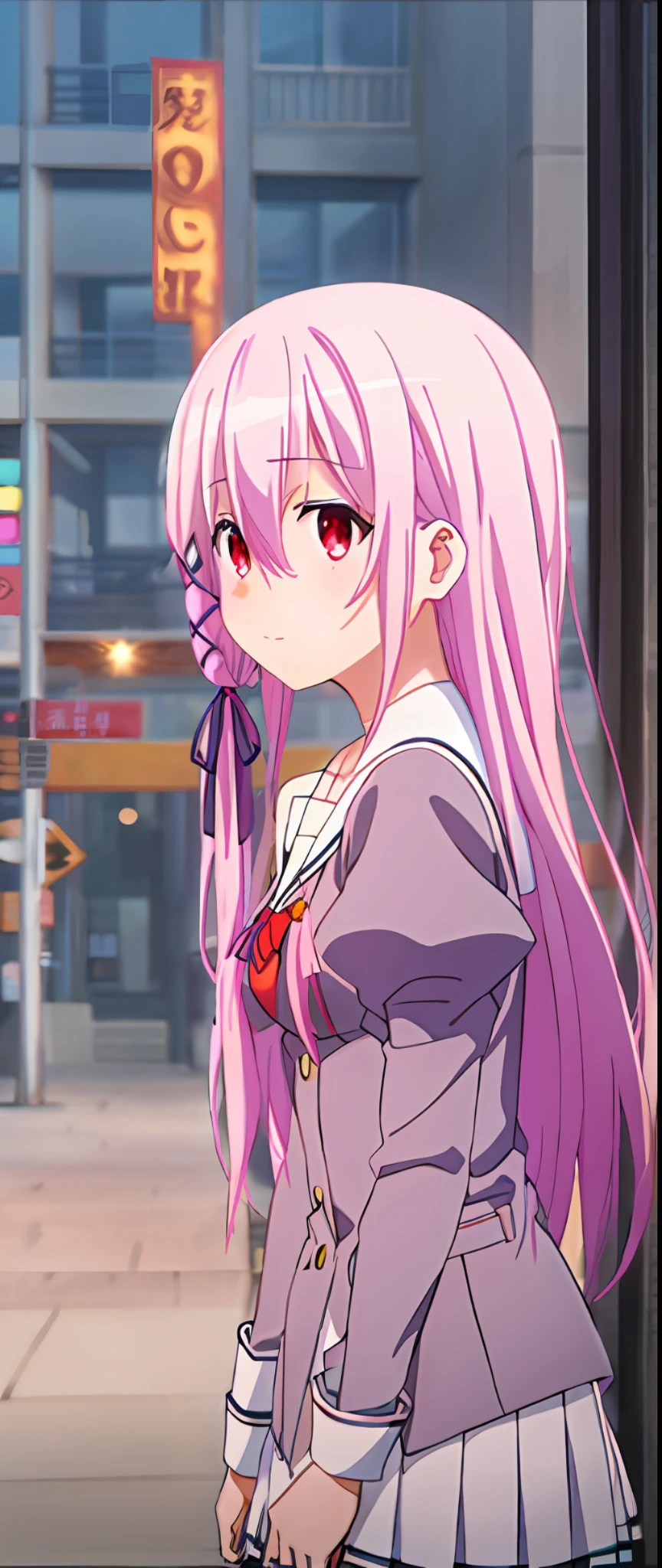 High school cute anime girl, city street, night view, side face