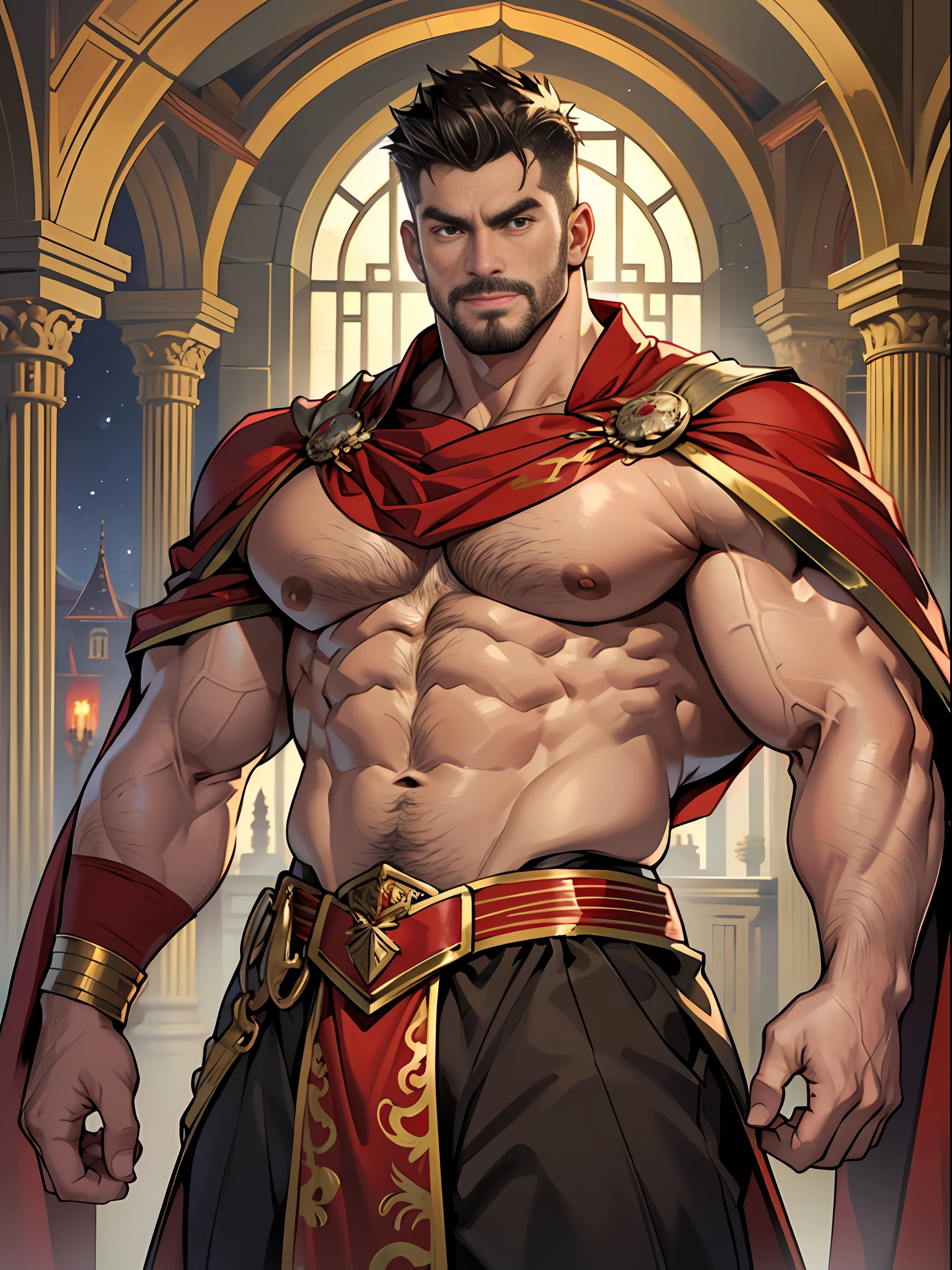 30 years old, big eyes, Chinese male, stubble, white inch, huge muscles, exaggerated muscles, mature man, muscle swelling, bodybuilding, pectoral muscles, abs, in the castle, nutcracker, wearing medieval gorgeous costumes, vampires, fangs, red cape, wheat-colored skin, 1man, standing, night,