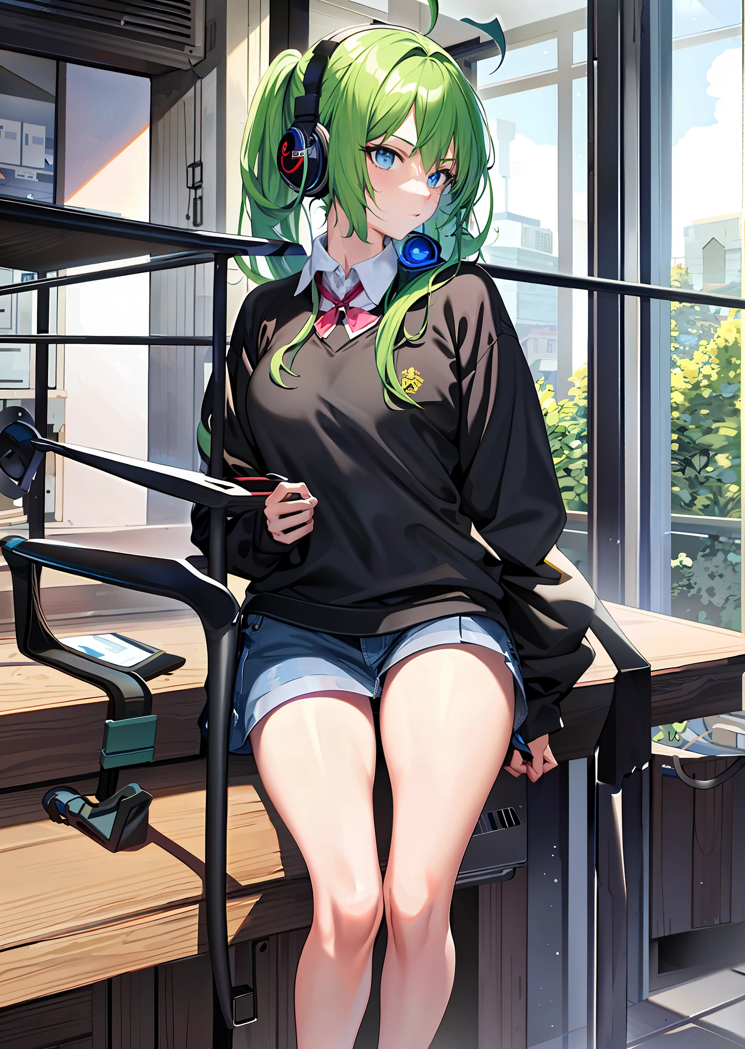 (top quality, masterpiece 1.2), detail, one girl, alone, watching the viewer,
Simple background, sensual, serious poses, well-detailed eyes,
Full body, green eyes, 2D, masterpiece, best quality, anime, very detailed, cowboy shot, one girl, solo, playing guitar, blue eyes, long green ponytail hair with hime cut and bangs,school uniform, summer uniform ,, standing, indoors, hallway,
young woman, sweatshirt, headphones hanging around the neck, short ripped jeans,
Bokman
Improve hands