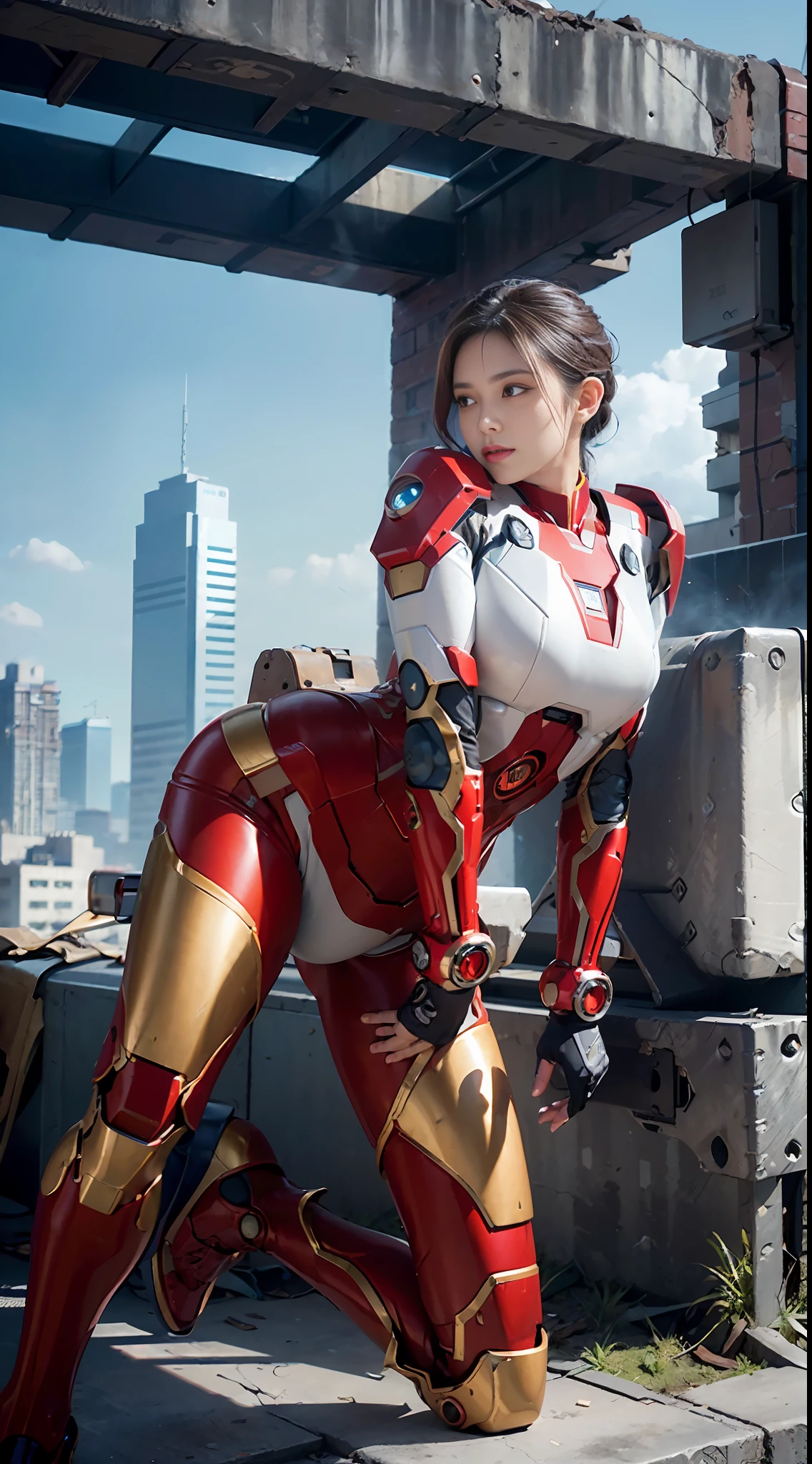 RAW, Masterpiece, Ultra Fine Photo,, Best Quality, Ultra High Resolution, Photorealistic, Sunlight, Full Body Portrait, Stunningly Beautiful,, Dynamic Poses, Delicate Face, Vibrant Eyes, (Side View) , she is wearing a futuristic Iron Man mech, red and gold color scheme, highly detailed abandoned warehouse background, detailed face, detailed and complex busy background, messy, gorgeous, milky white, high detailed skin, realistic skin details, visible pores , sharp focus, volumetric fog, 8k uhd, dslr camera, high quality, film grain, fair skin, photorealism, lomography, sprawling metropolis in futuristic dystopia, view from below, translucent
