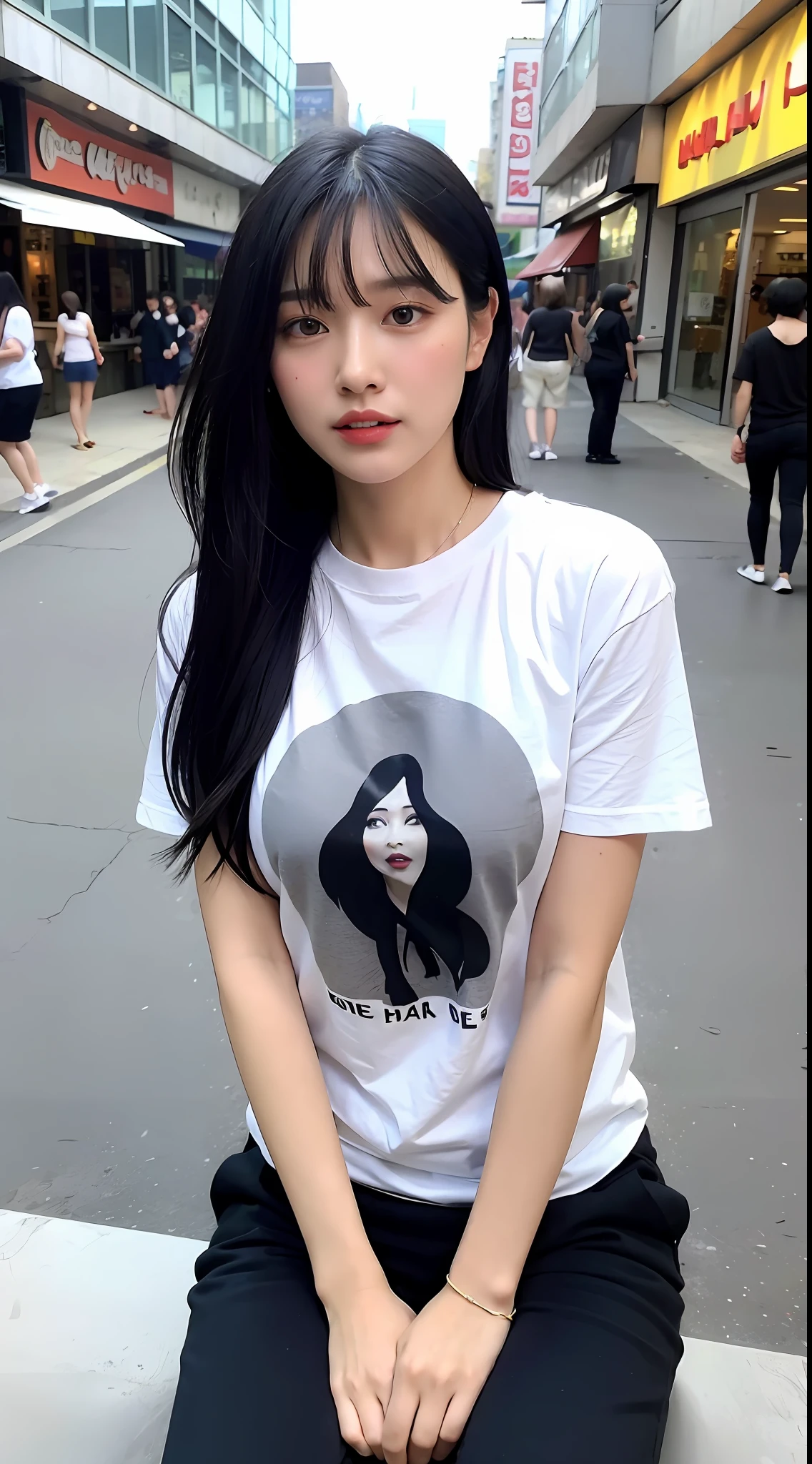 Bob black hair fluttering in the wind, teardropped, with bangs, in sexy pose, side visible, hands up, lower body zoom, shopping street background, mature mature young woman, long t-shirt style, sagging eyes, big double teeth, super cute, nice perfect face with soft skin, immature woman in 8k resolution, ultra realistic, super detailed, high quality, erotic and beautiful trendy pants, sitting on bench 、