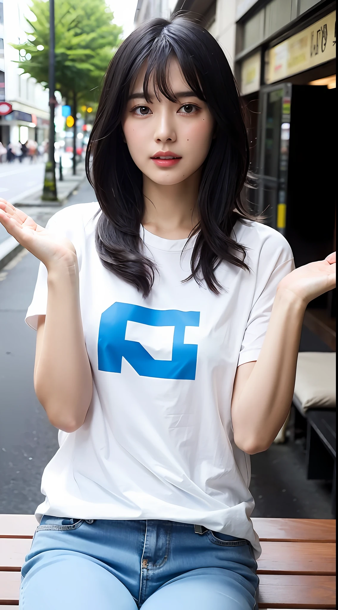 Bob black hair fluttering in the wind, teardropped, with bangs, in sexy pose, side visible, hands up, lower body zoom, shopping street background, mature mature young woman, long t-shirt style, sagging eyes, big double teeth, super cute, nice perfect face with soft skin, immature woman in 8k resolution, ultra realistic, super detailed, high quality, erotic and beautiful trendy pants, sitting on bench 、