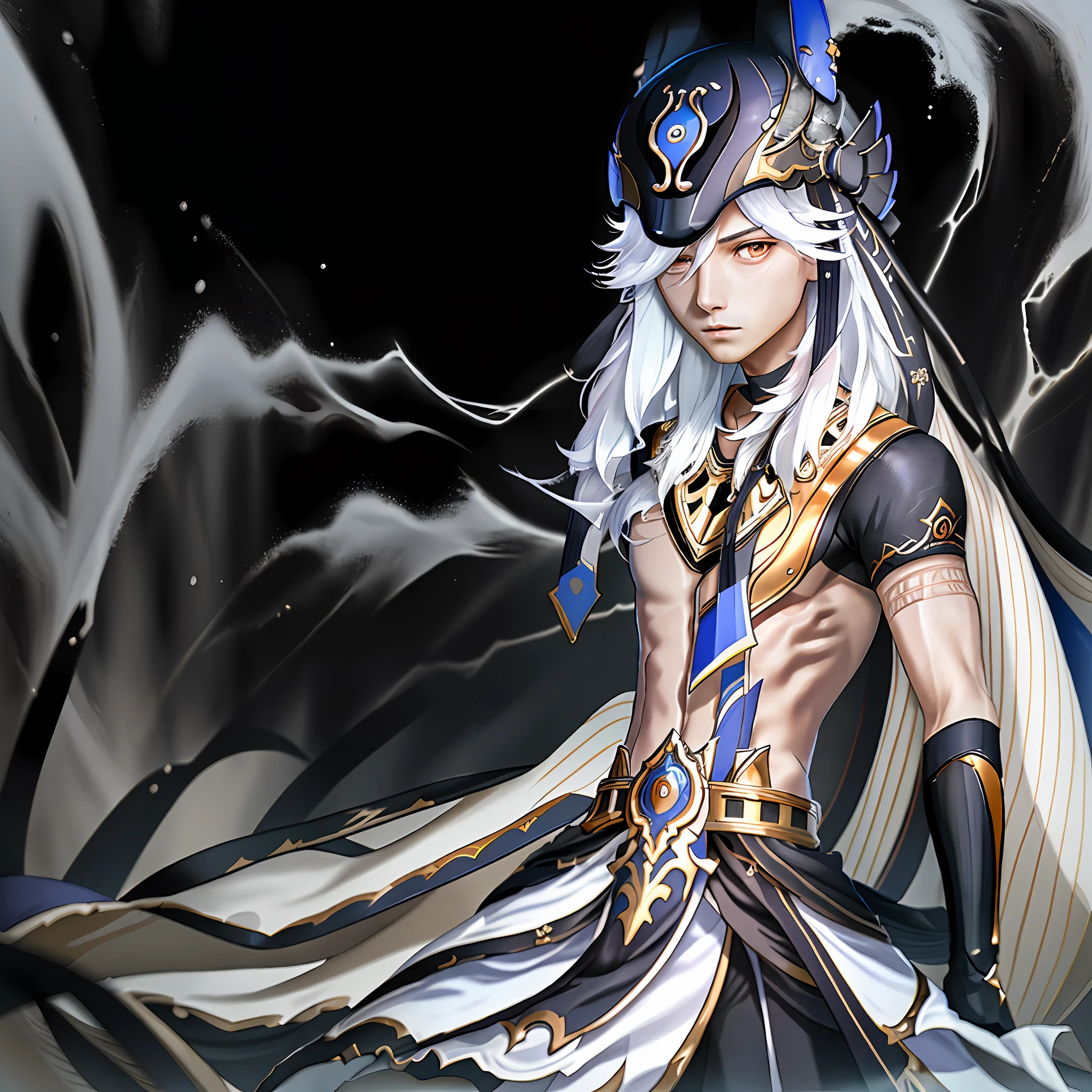 Masterpiece, Best Quality, graceful young man in full growth, Cyno (Genshin Impact), white long hair, serious look, deep look at the camera.