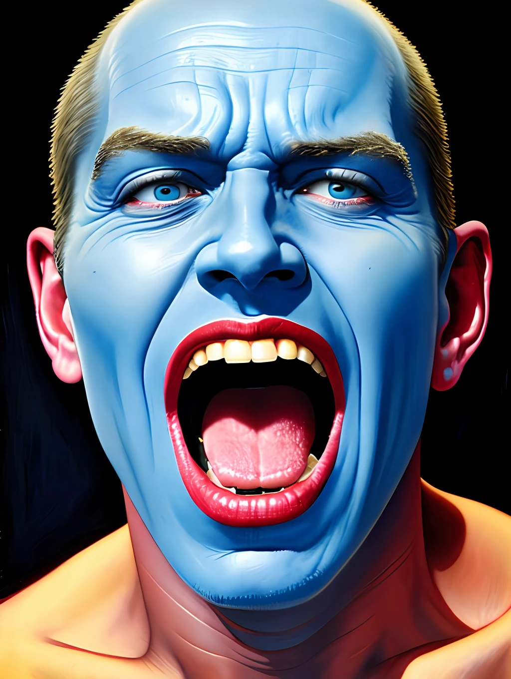 a painting of a blue man with his mouth open, by tom bagshaw and boris vallejo, still from animated horror movie, ffffound, chuck close and richard corben, an orc smiling into the camera, dayglo blue, brushed red and blue paint, large painting, necro, blue sunny sky, dan witz