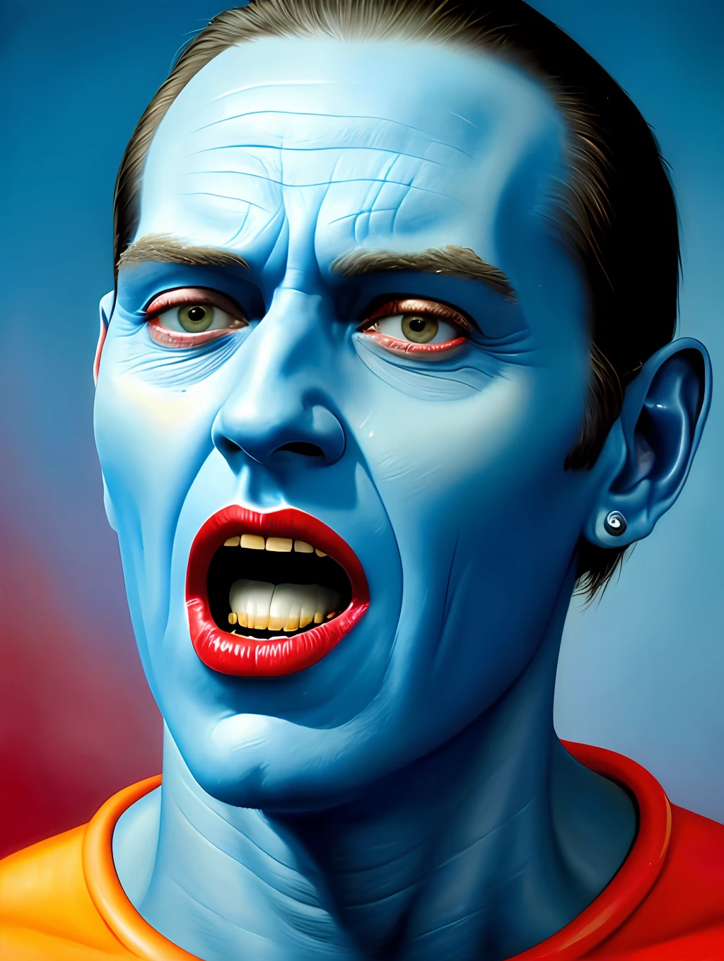 a painting of a blue man with his mouth open, by tom bagshaw and boris vallejo, still from animated horror movie, ffffound, chuck close and richard corben, an orc smiling into the camera, dayglo blue, brushed red and blue paint, large painting, necro, blue sunny sky, dan witz