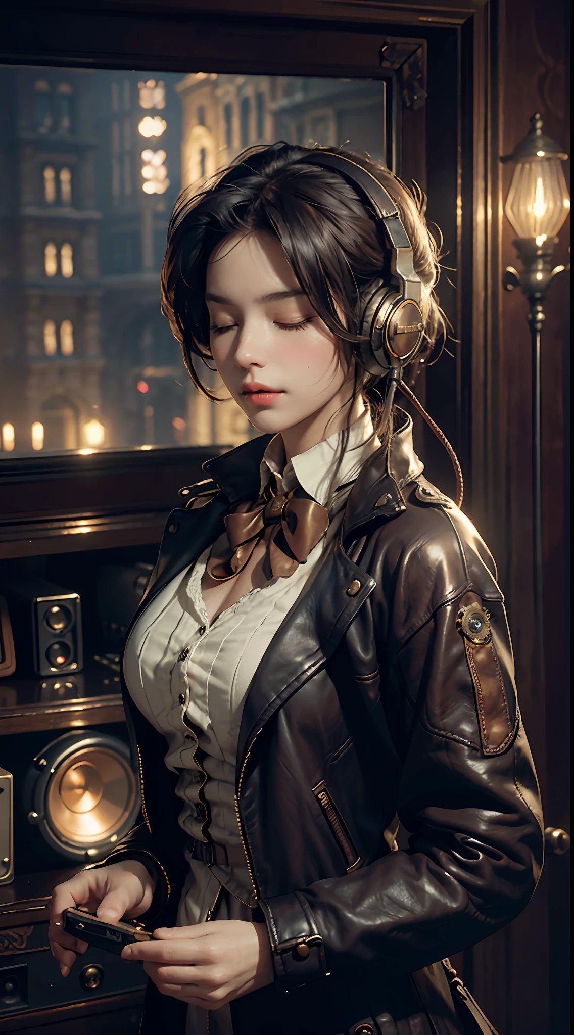Best quality, masterpiece, super high resolution, (fidelity: 1.4), original photo,european steampunk 1girl, , steampunk leather top, headphones, closed eyes, listening to music, vintage amps, speakers on the background, cinematic lighting, volumetric lighting, depth of field,