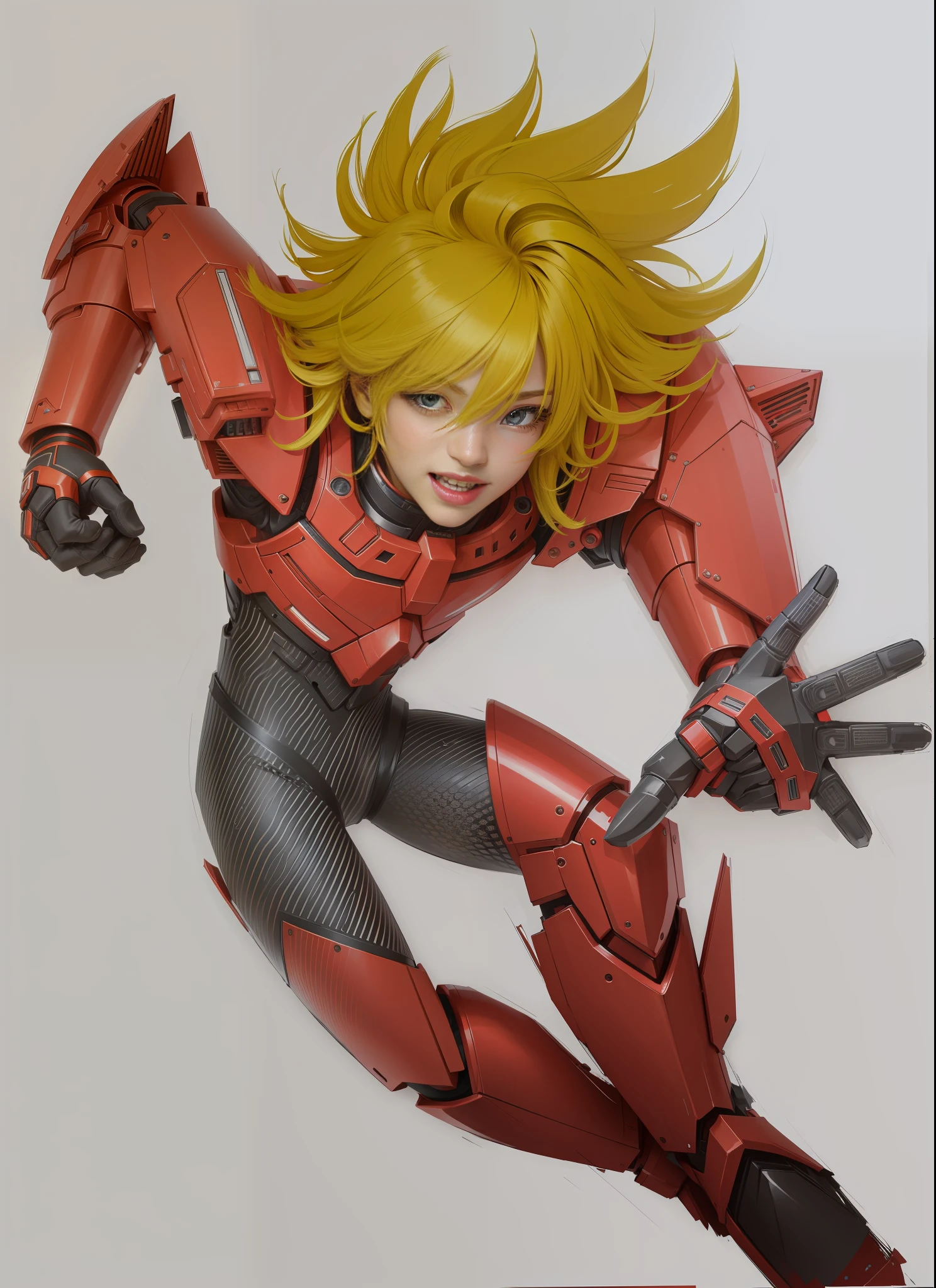 A teenager in red mech, high-tech armor, strong metallic texture, blond hair, black tight uniform, laughter, lighting, white background, perfect fingers, sci-fi style