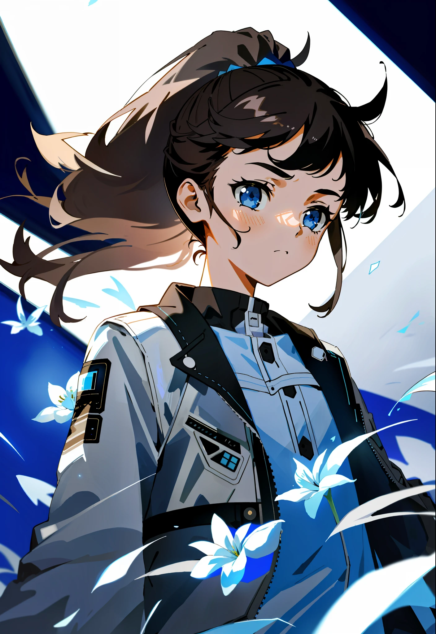 A little girl, brown ponytail, blue eyes, delicate face, delicate hair, fluttering white flowers, punk jacket, flowing simple background, dramatic light, dramatic shadows, ray tracing, sapphire general