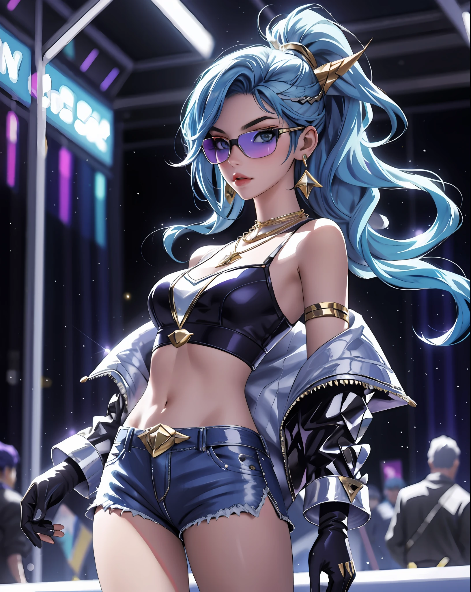 best quality, 1 girl, solo, long hair, breasts, looking at the audience, sunglasses, blue hair, gloves, navel, jewelry, room, bare shoulders, blue hair, floating hair, denim lens, earrings, split sleeves, mid-tumito, super shorts, necklace, lips, black shorts, asymmetrical hair, nose, k/da \ (League of Legends)