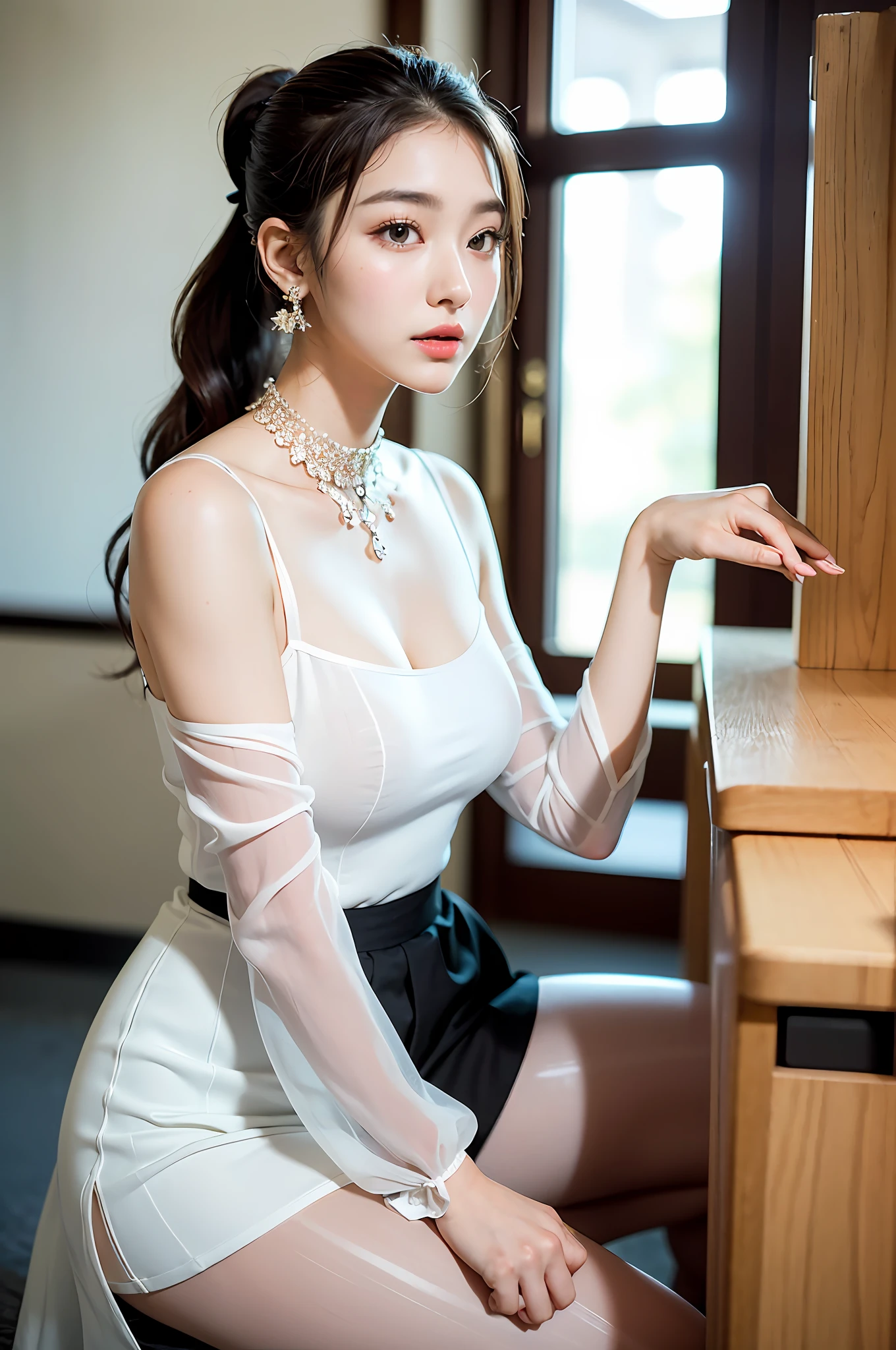 Exquisite, masterpiece, beautiful details, colorful, delicate details, delicate lips, intricate details, large breasts, 1 woman, (a beautiful 20-year-old cute Korean woman: 1.1), (kpop idol, Korean mixed), (50mm Sigma f/1.4 ZEISS lens, F1.4, 1/800s, ISO 100, photograpy:1.1), (ponytail + brunette 1.2), ( Photorealistic: 1.4), (SPY: 1.2), (undressed clothes: 1.4), (Translucent top: 1.4), (rub against a desk corner: 1.2), (Skirt, Tie, white Pantyhose, Christian Louboutin\(Brand\): 1.3), Earrings, Necklaces, Armbands, (classroom :1.2), (Beautiful Legs, High Girl, Skinny, slim_legs, thigh_gap, Model: 1.2 ), lens, (cool expression), (makeup: 1.2)