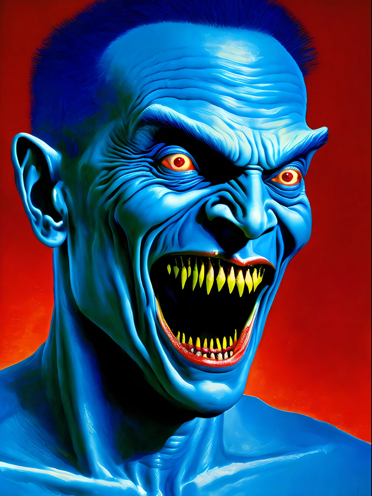 a closeup painting of a blue man with his mouth open, by tom bagshaw and boris vallejo, still from animated horror movie, ffffound, chuck close and richard corben, an orc smiling into the camera, dayglo blue, brushed red and blue paint, large painting, necro, blue sunny sky, dan witz