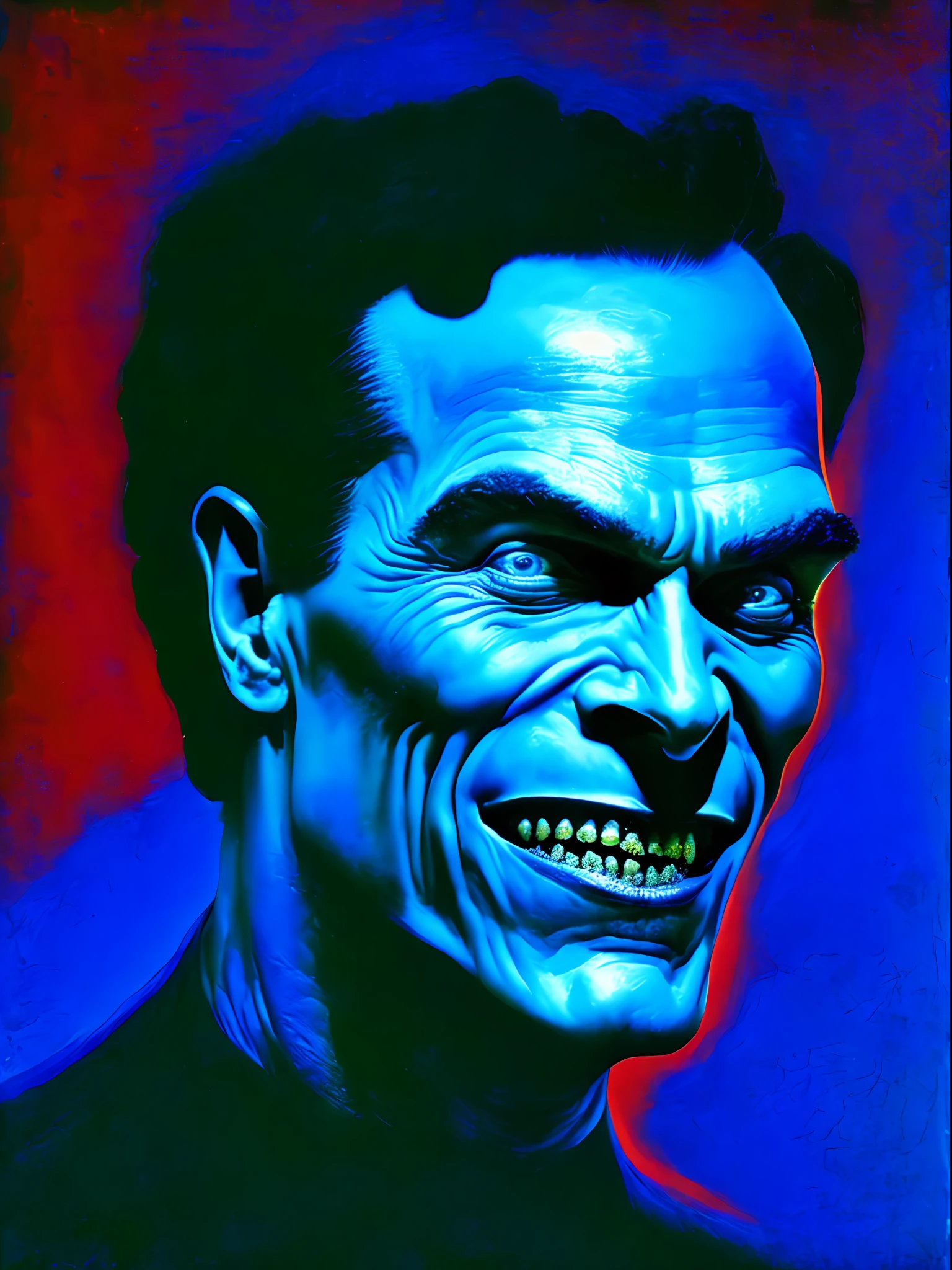 a closeup painting of a blue man with his mouth open, by tom bagshaw and boris vallejo, still from animated horror movie, ffffound, chuck close and richard corben, an orc smiling into the camera, dayglo blue, brushed red and blue paint, large painting, necro, blue sunny sky, dan witz