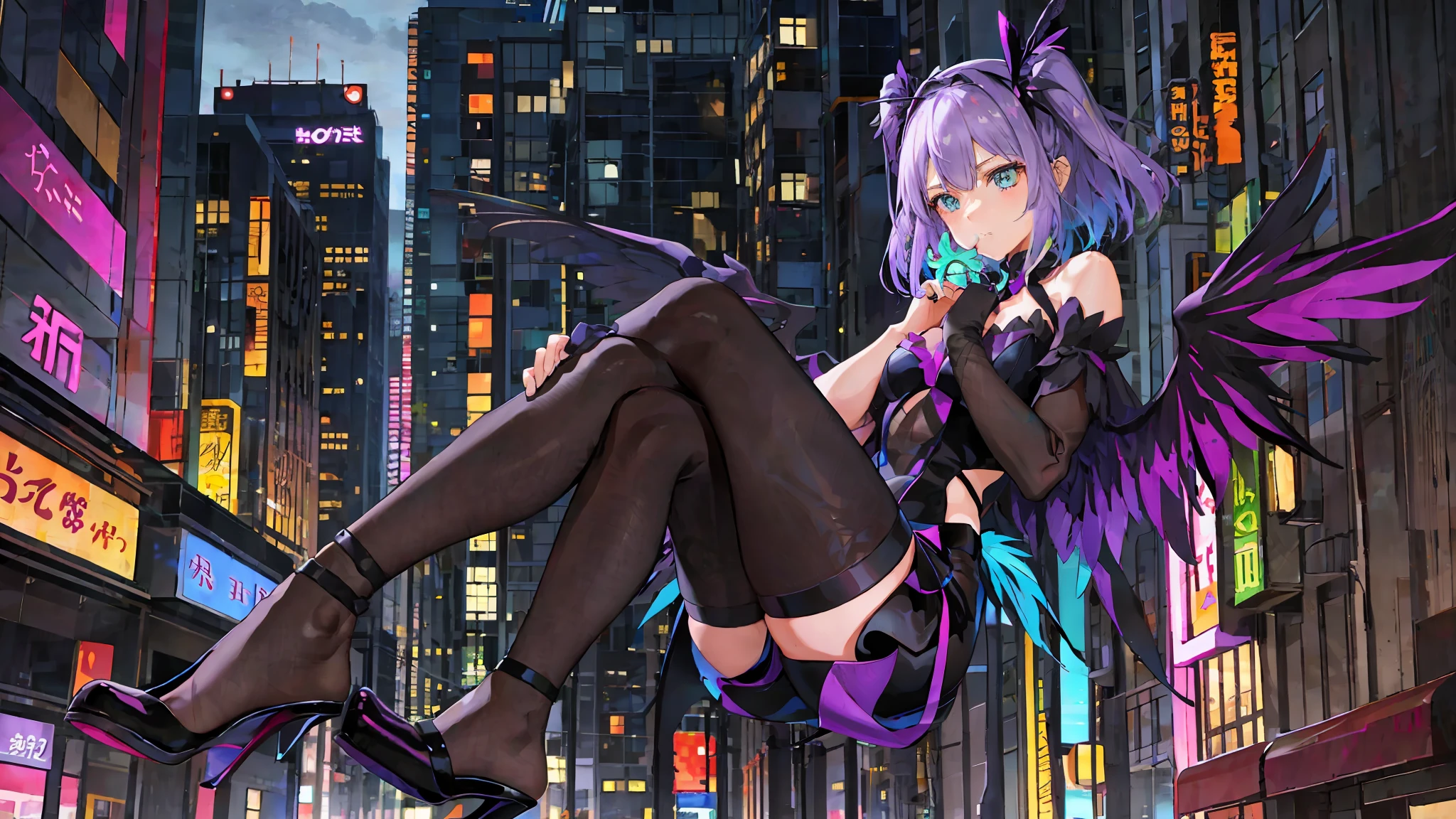 (Neon City, high-rise building: 1.2+ with wings: 1.3), one (headdress with personality: 1.1), girl in tights (purple hair, green eyes: 1.3 + tsundere expression: 1.2), black silk, (glowing matter, translucent wisdom brain worn in front of the eyes: 1.2), (wearing high heels), (don't split the feet too much), the city is a little more beautiful.